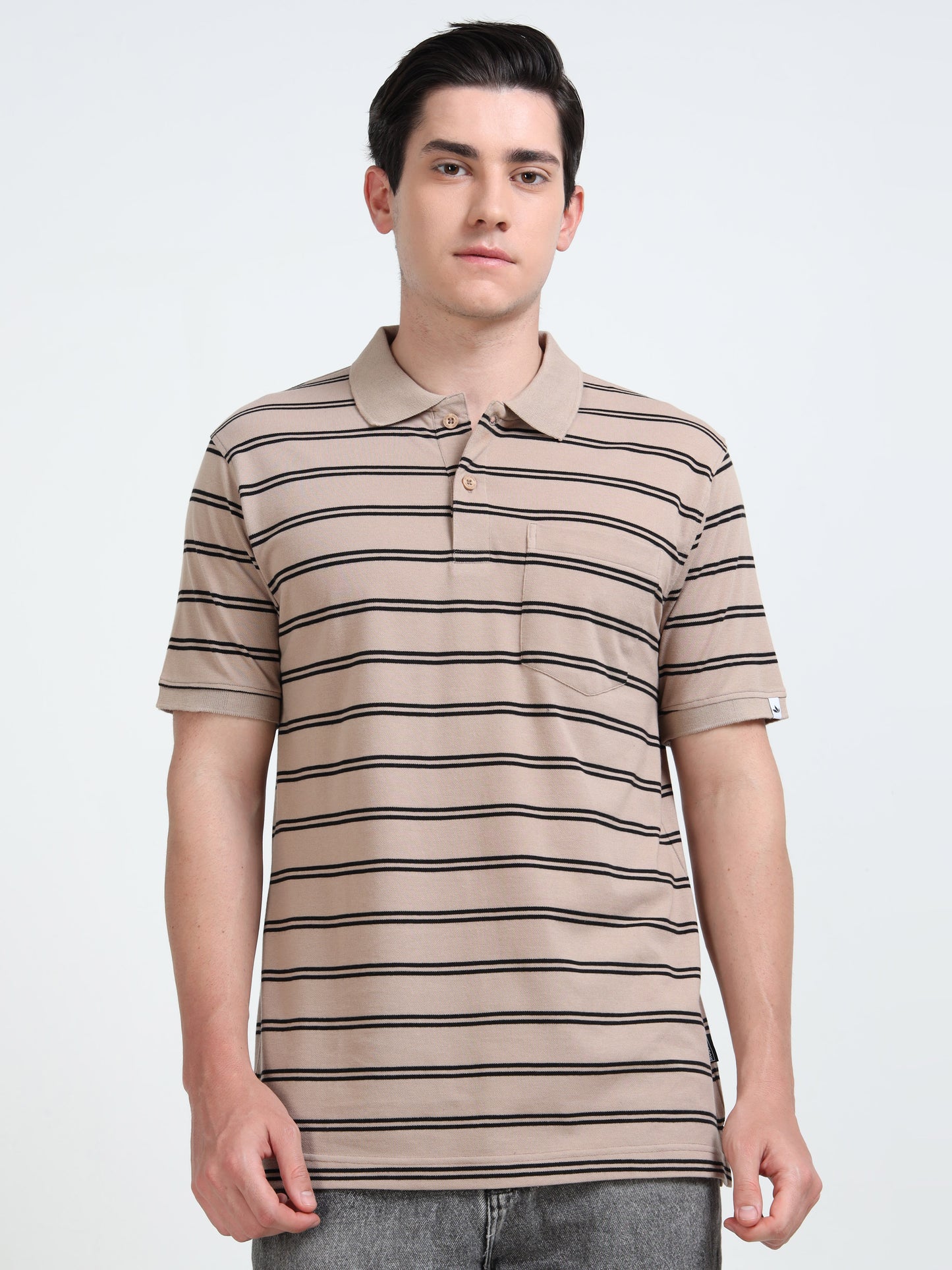 Men's Black Striped Beige Polo T-Shirt