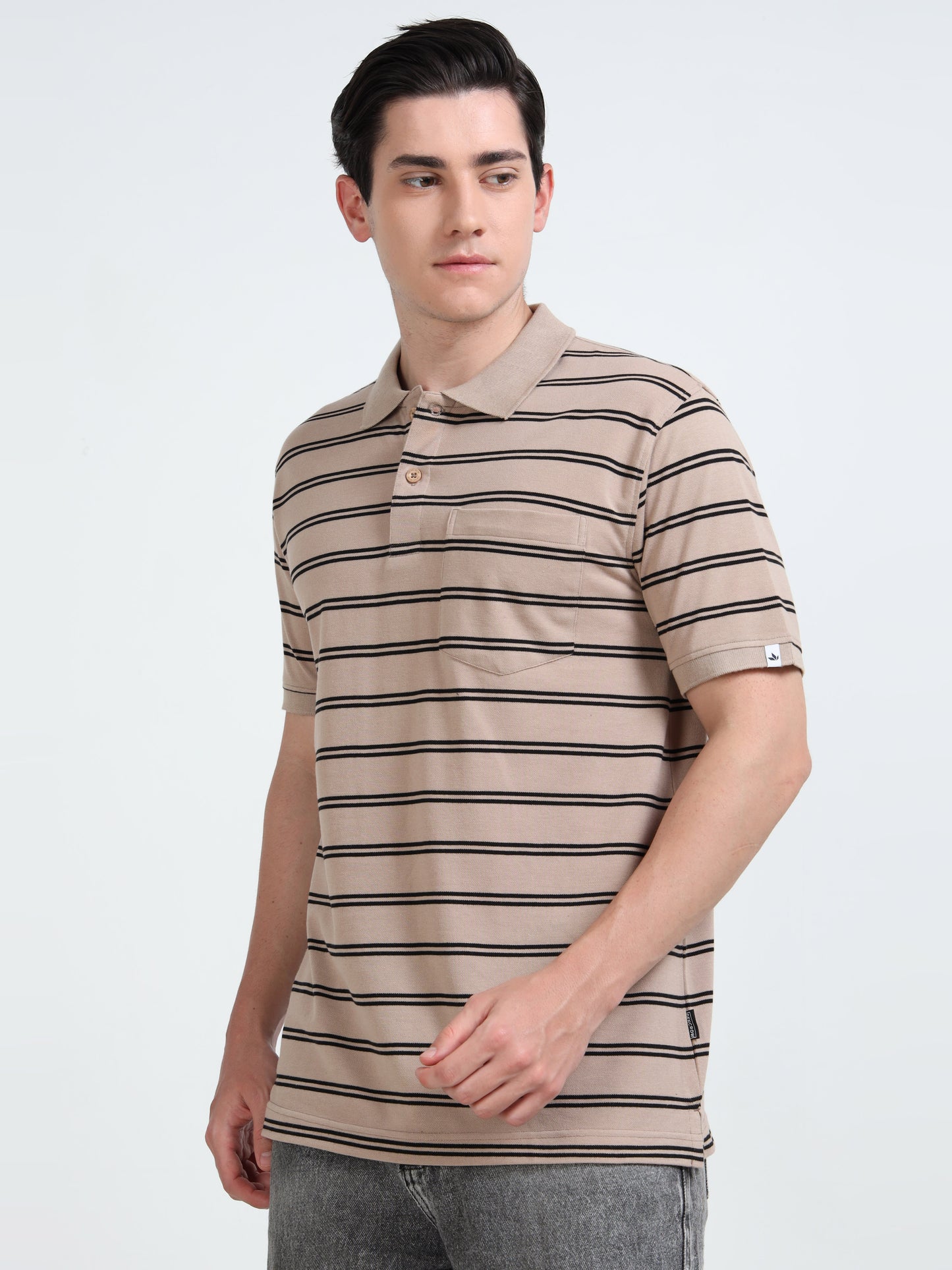 Men's Black Striped Beige Polo T-Shirt