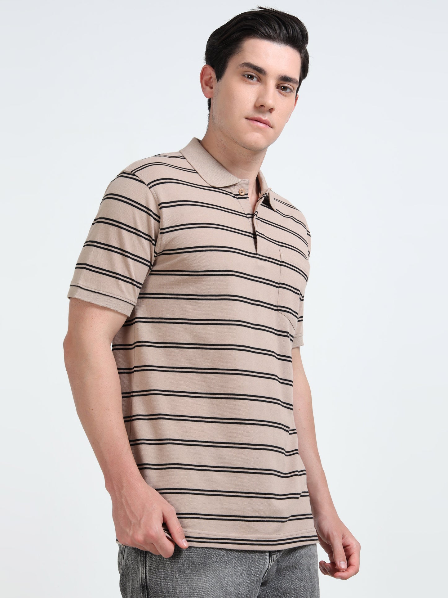 Men's Black Striped Beige Polo T-Shirt