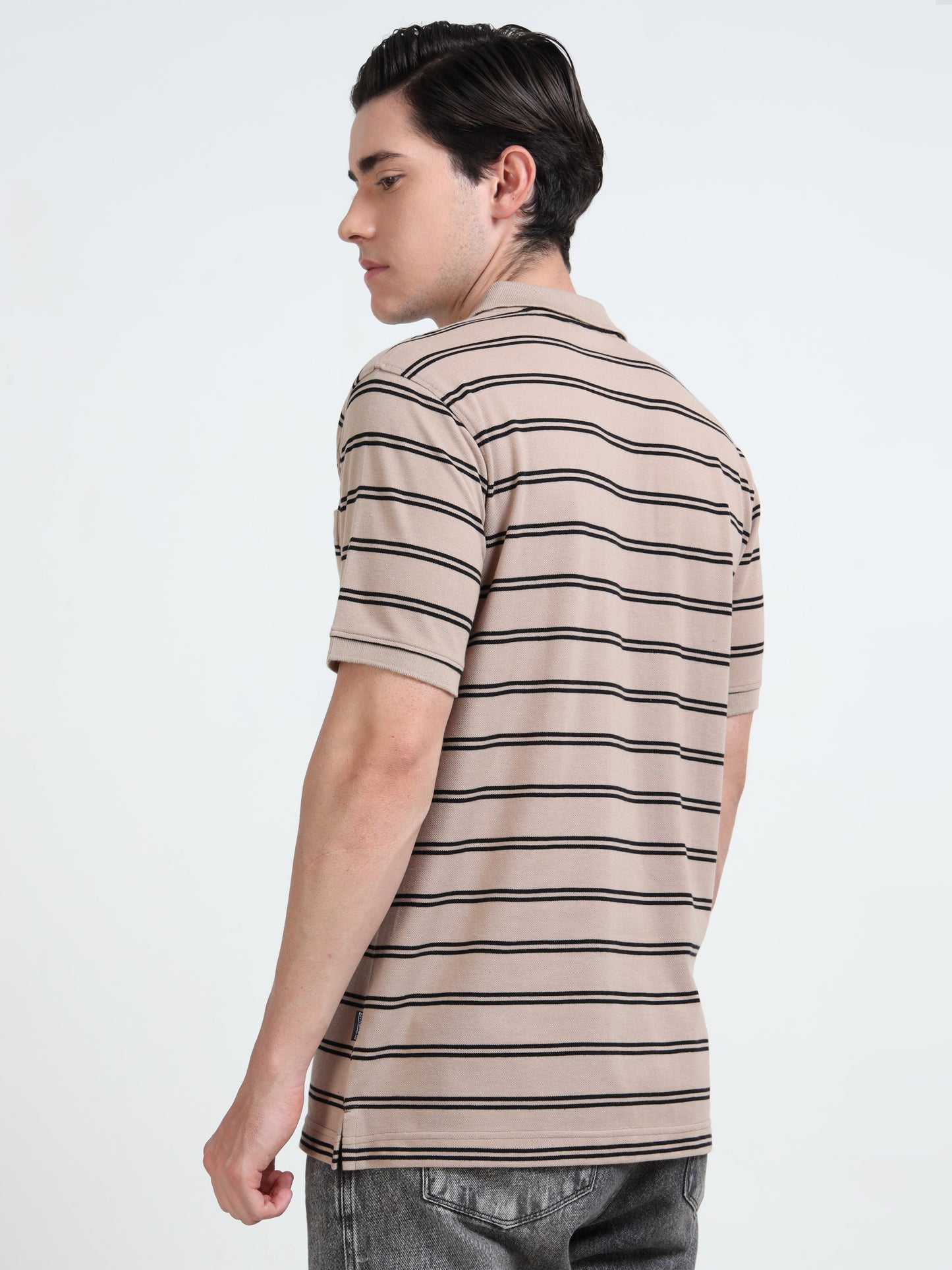 Men's Black Striped Beige Polo T-Shirt