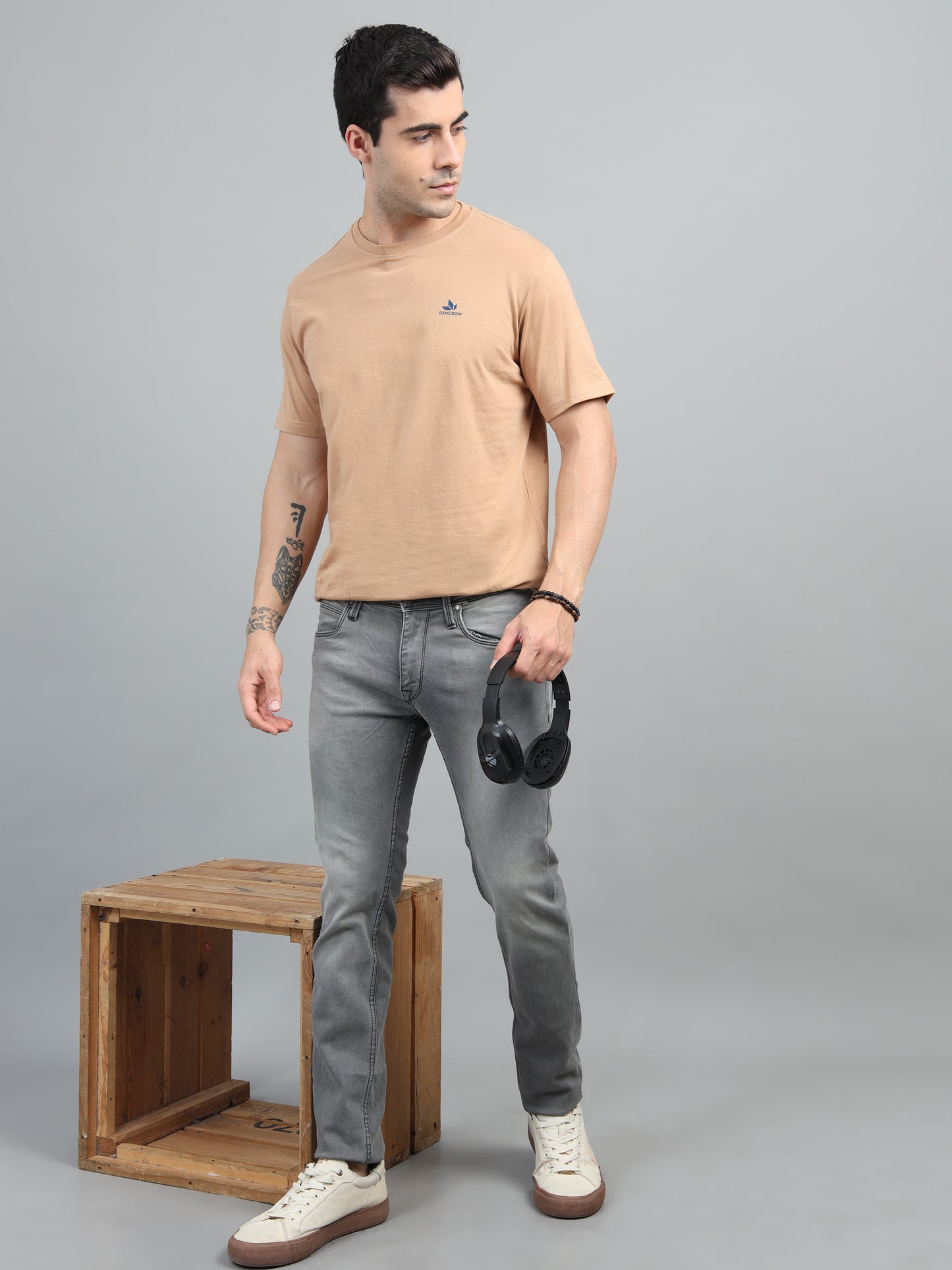 Men's Beige Round Neck T-Shirt