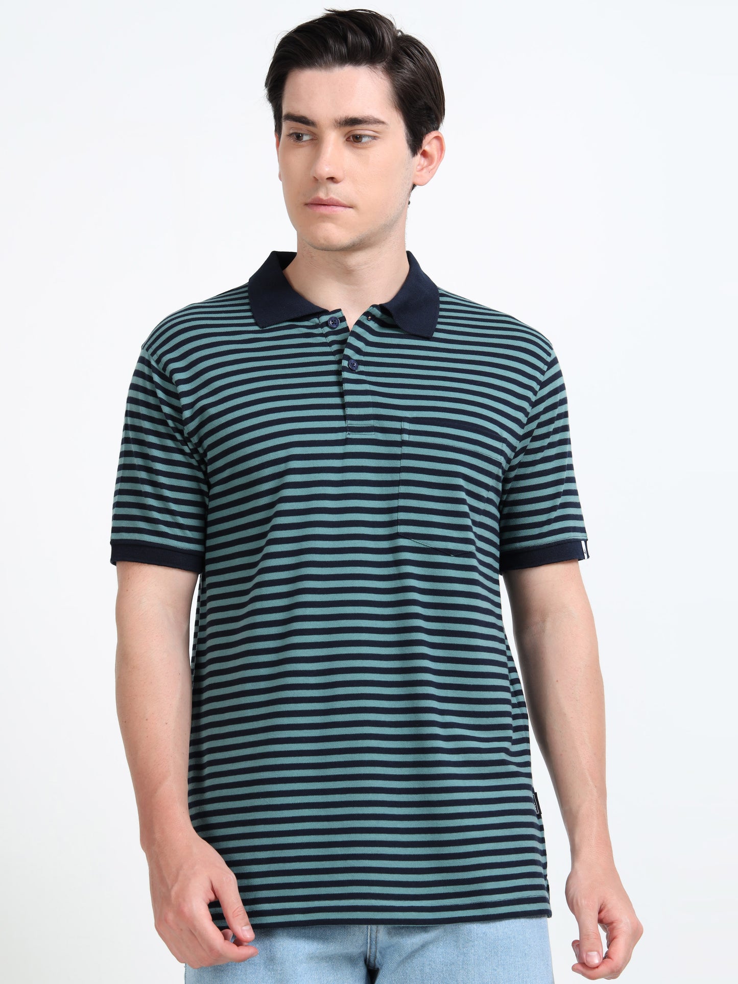 Men's Black Striped Teal Polo T-Shirt