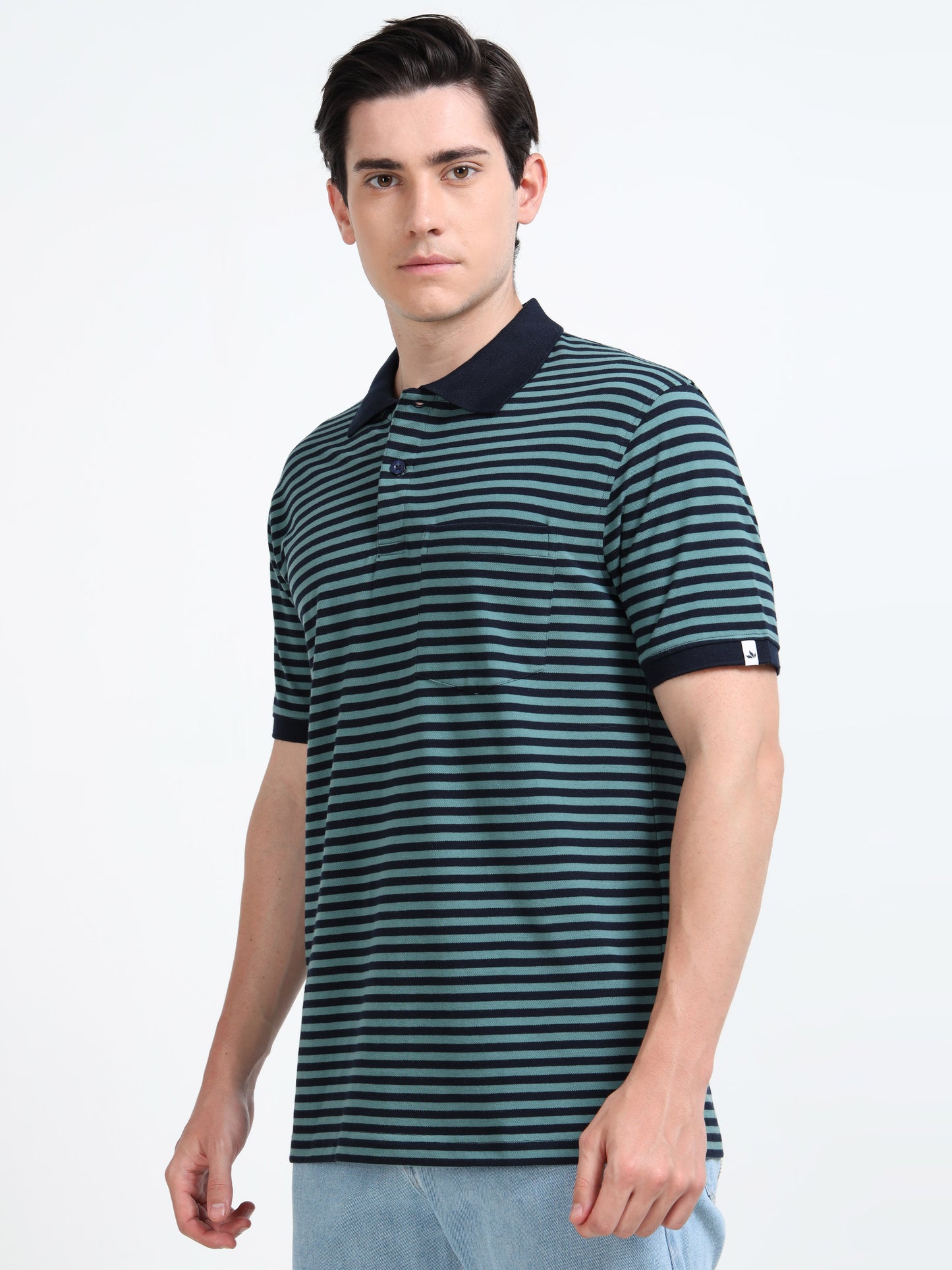 Men's Black Striped Teal Polo T-Shirt