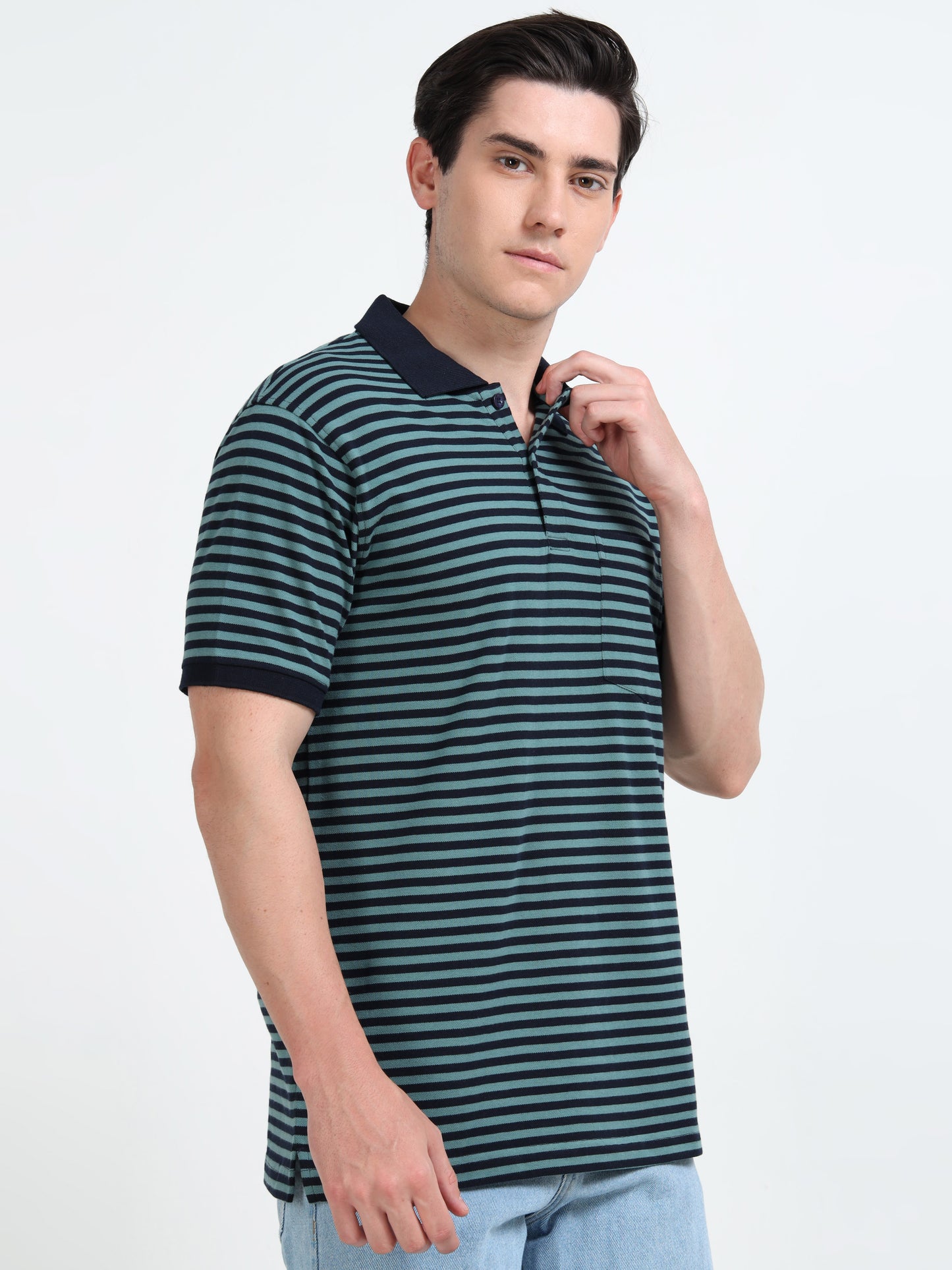 Men's Black Striped Teal Polo T-Shirt