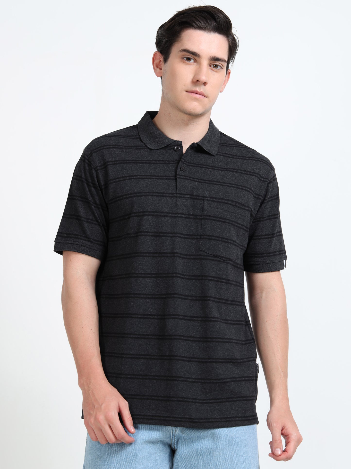 Men's Black Striped Black Polo T-Shirt