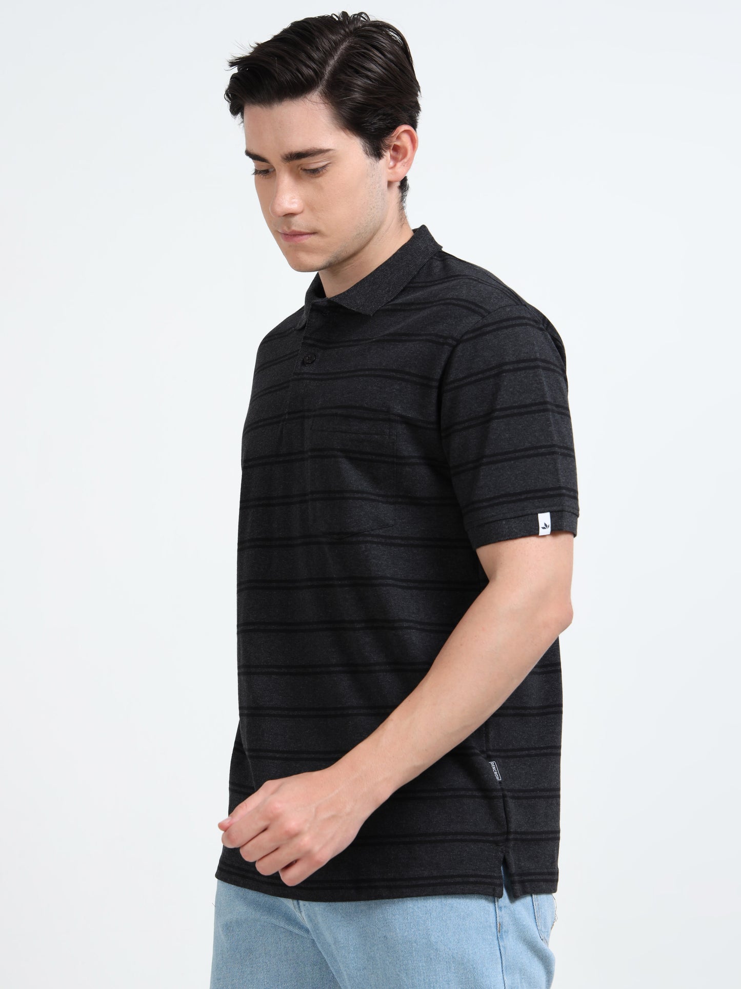 Men's Black Striped Black Polo T-Shirt