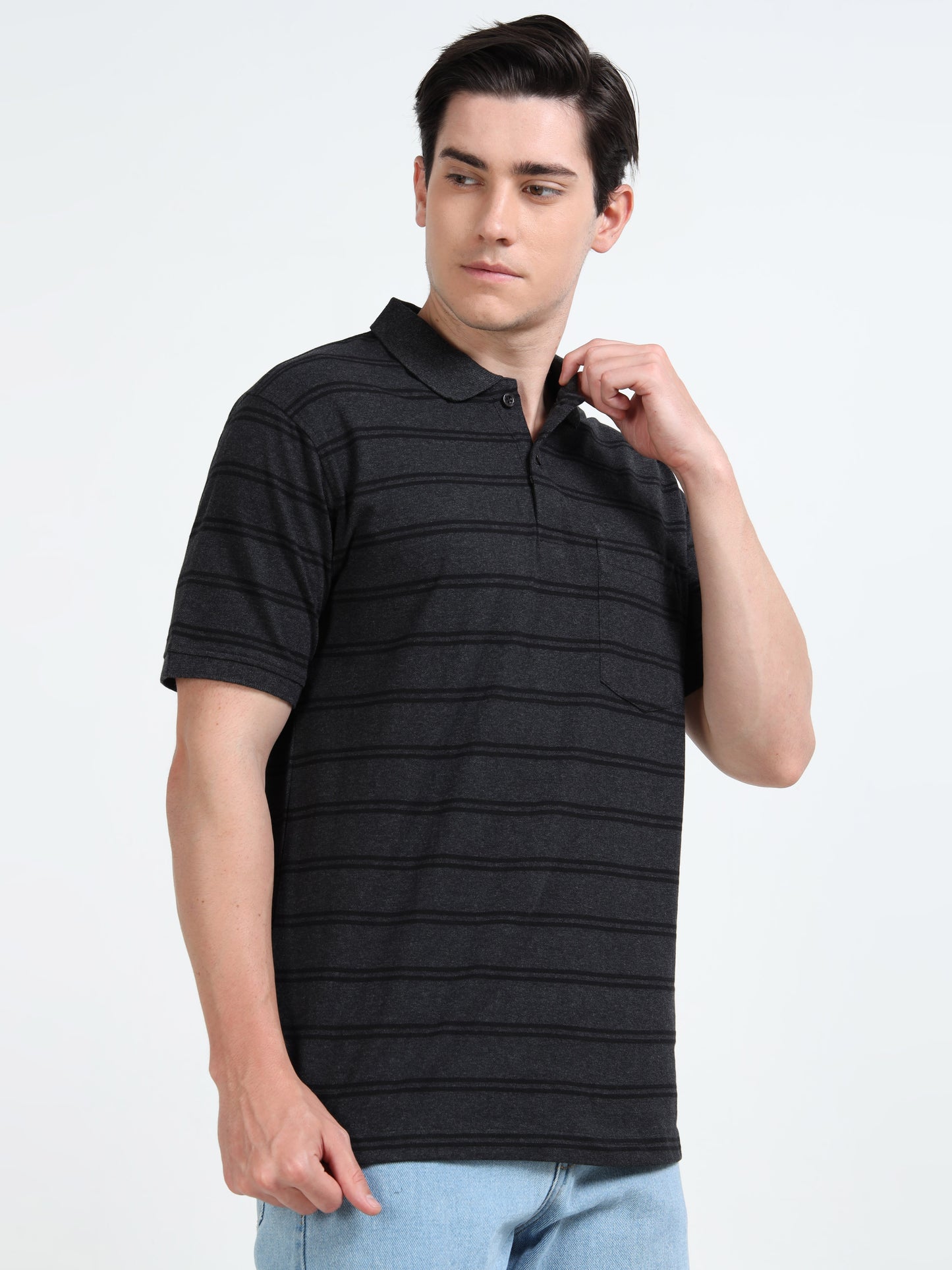 Men's Black Striped Black Polo T-Shirt