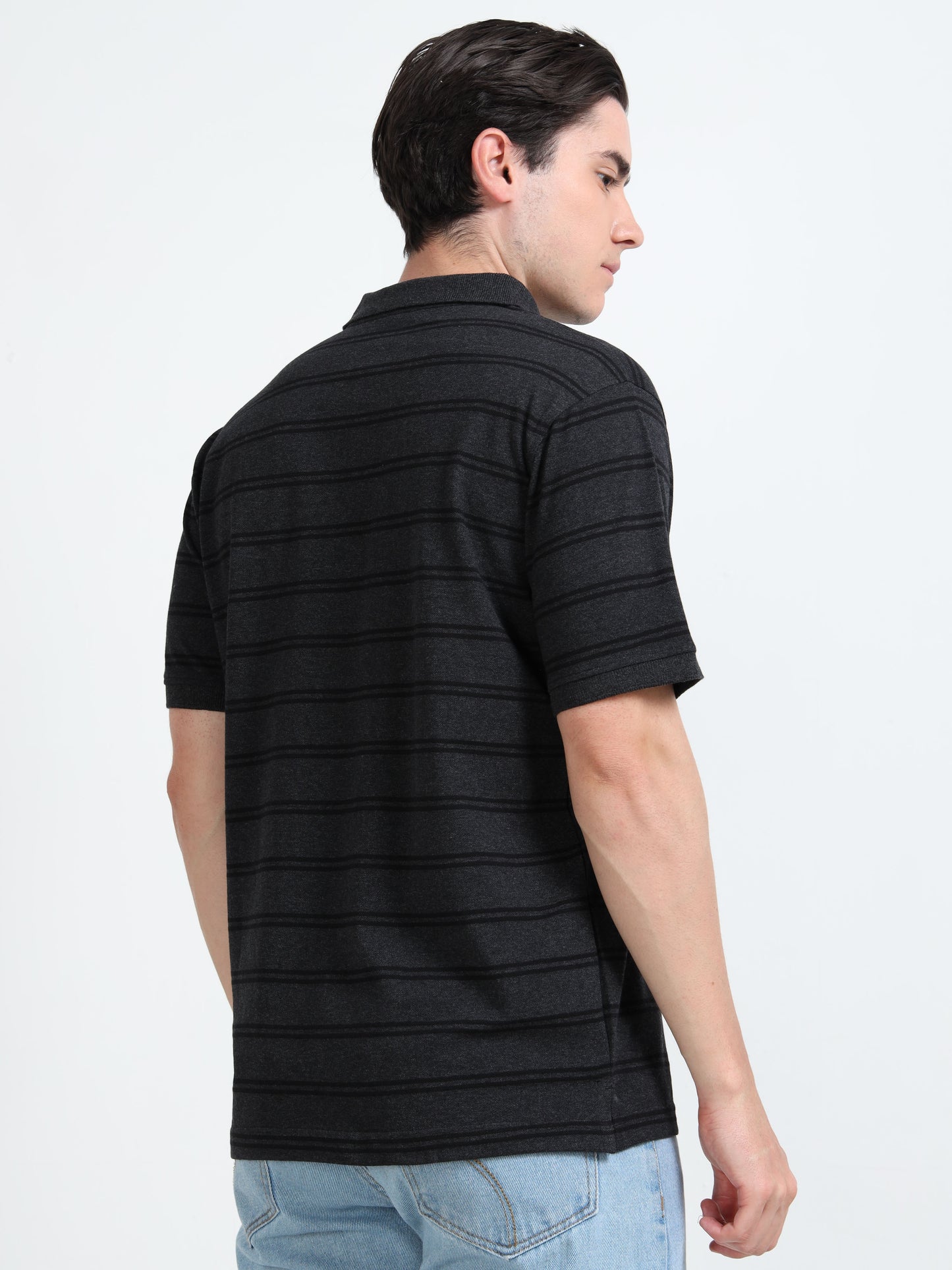 Men's Black Striped Black Polo T-Shirt