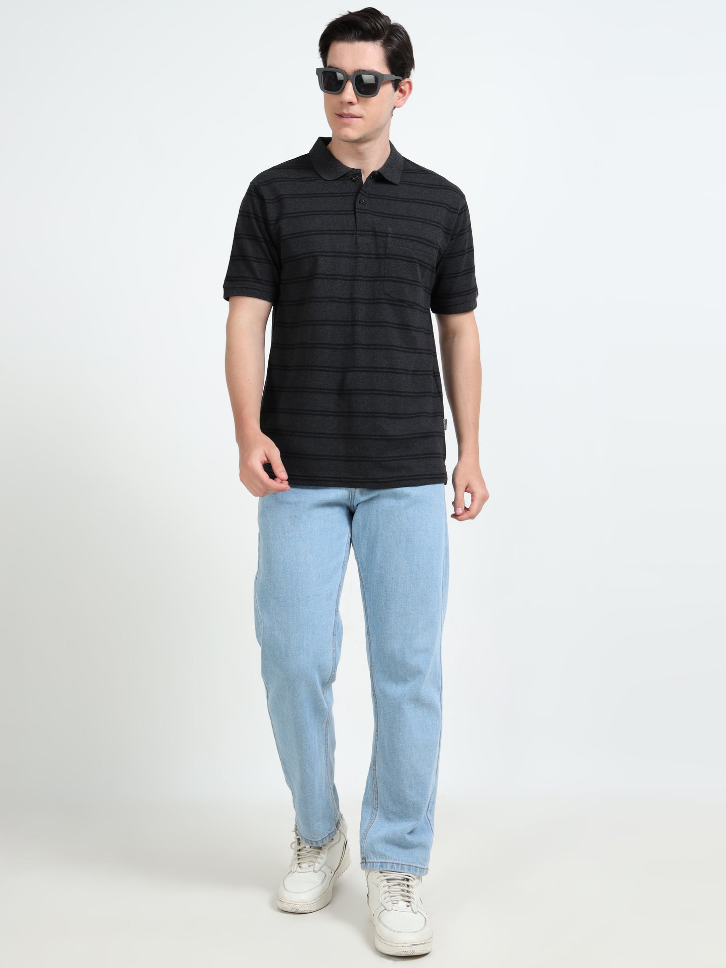 Men's Black Striped Black Polo T-Shirt