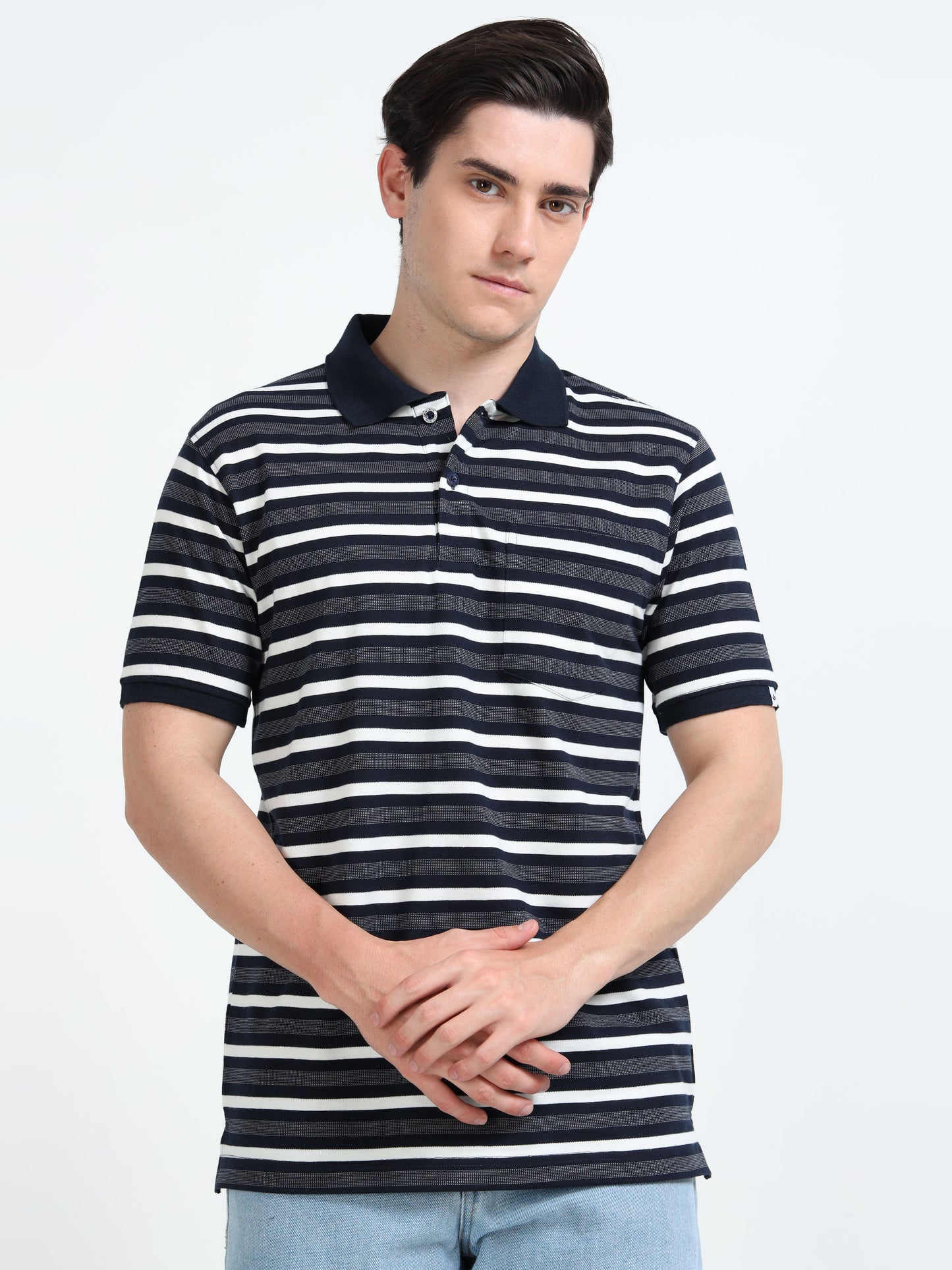Men's White and Black Striped Grey Polo T-Shirt