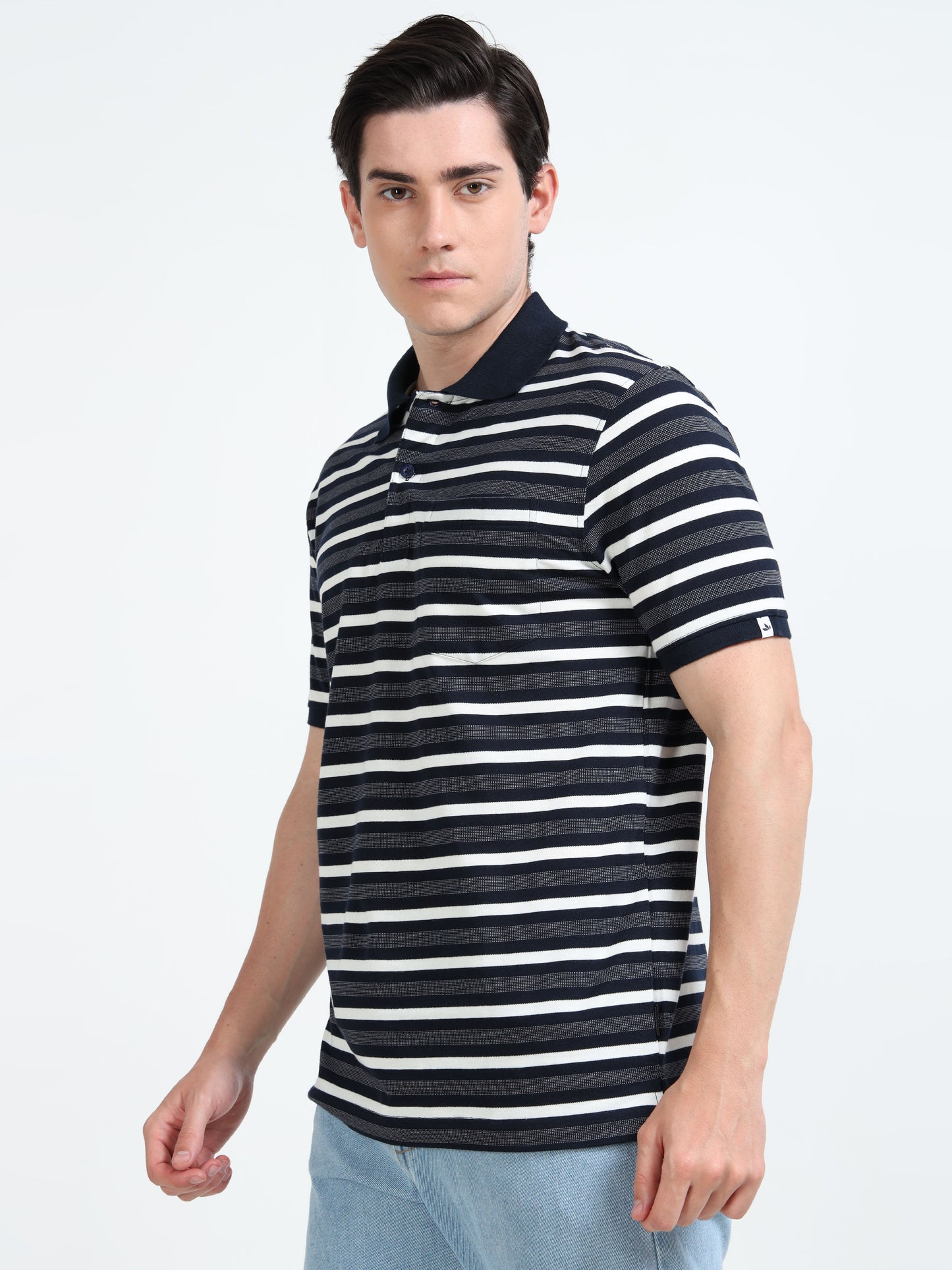 Men's White and Black Striped Grey Polo T-Shirt