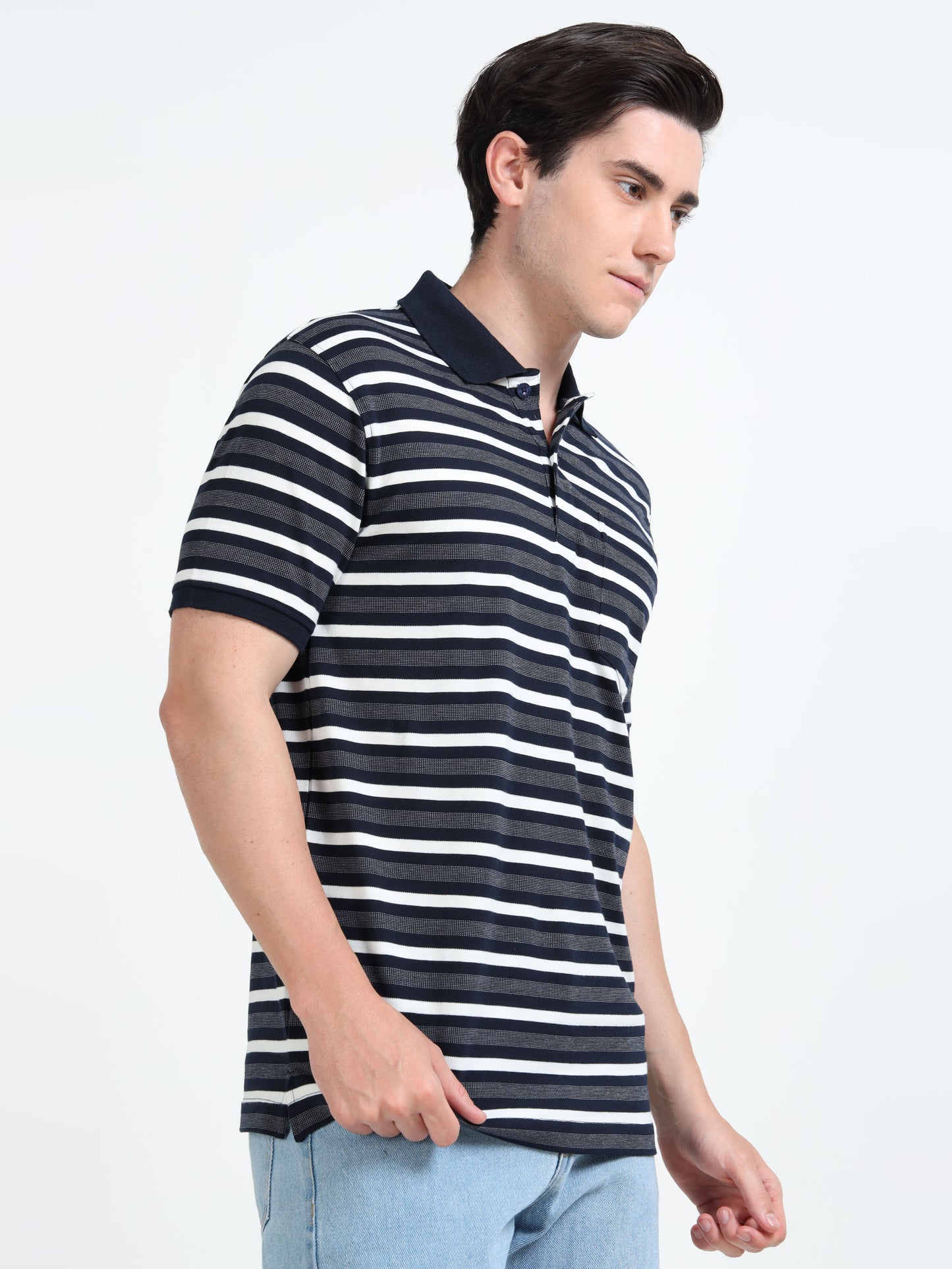 Men's White and Black Striped Grey Polo T-Shirt