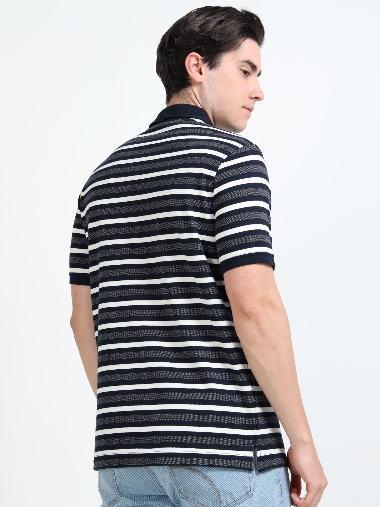 Men's White and Black Striped Grey Polo T-Shirt