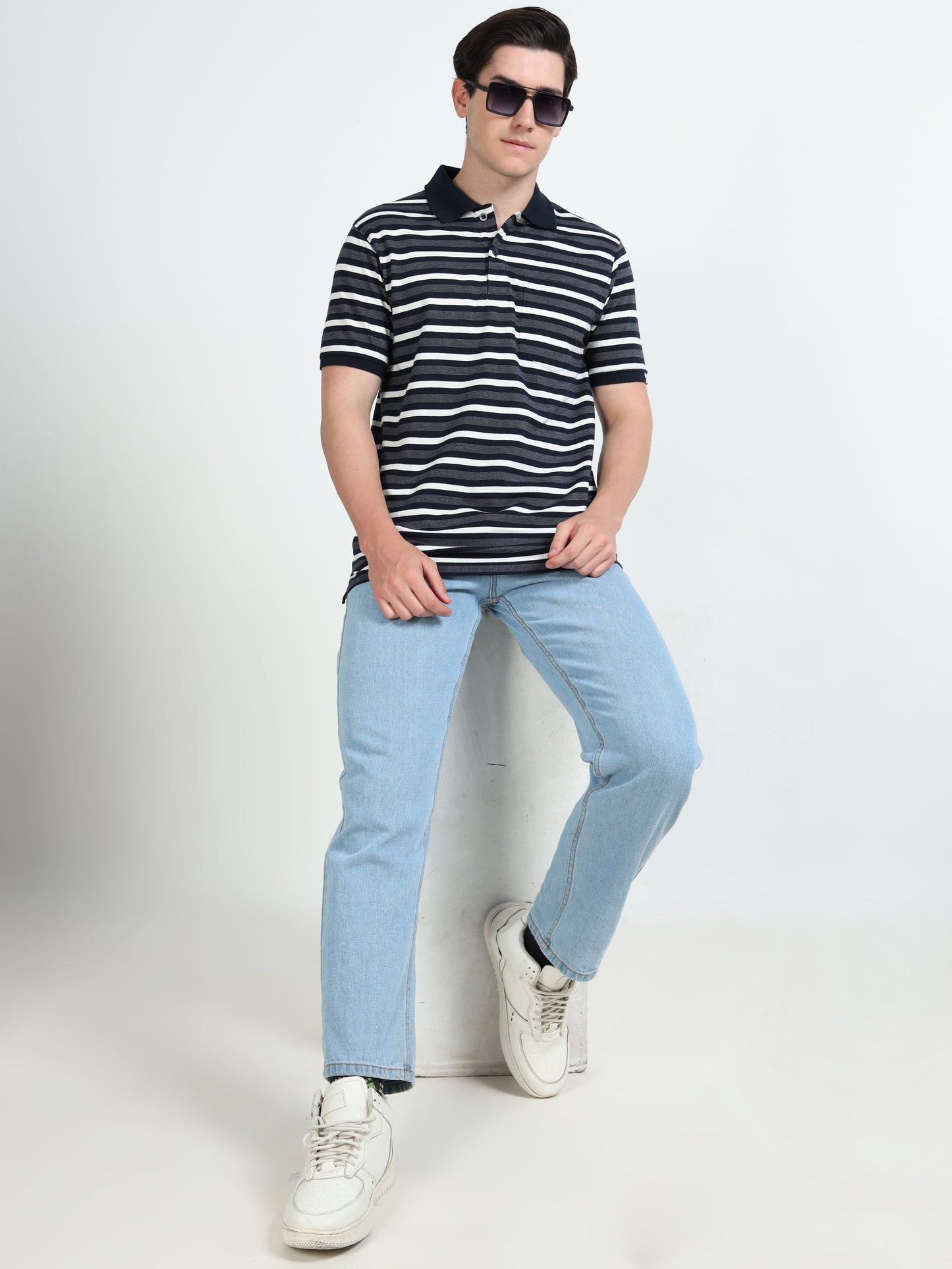 Men's White and Black Striped Grey Polo T-Shirt