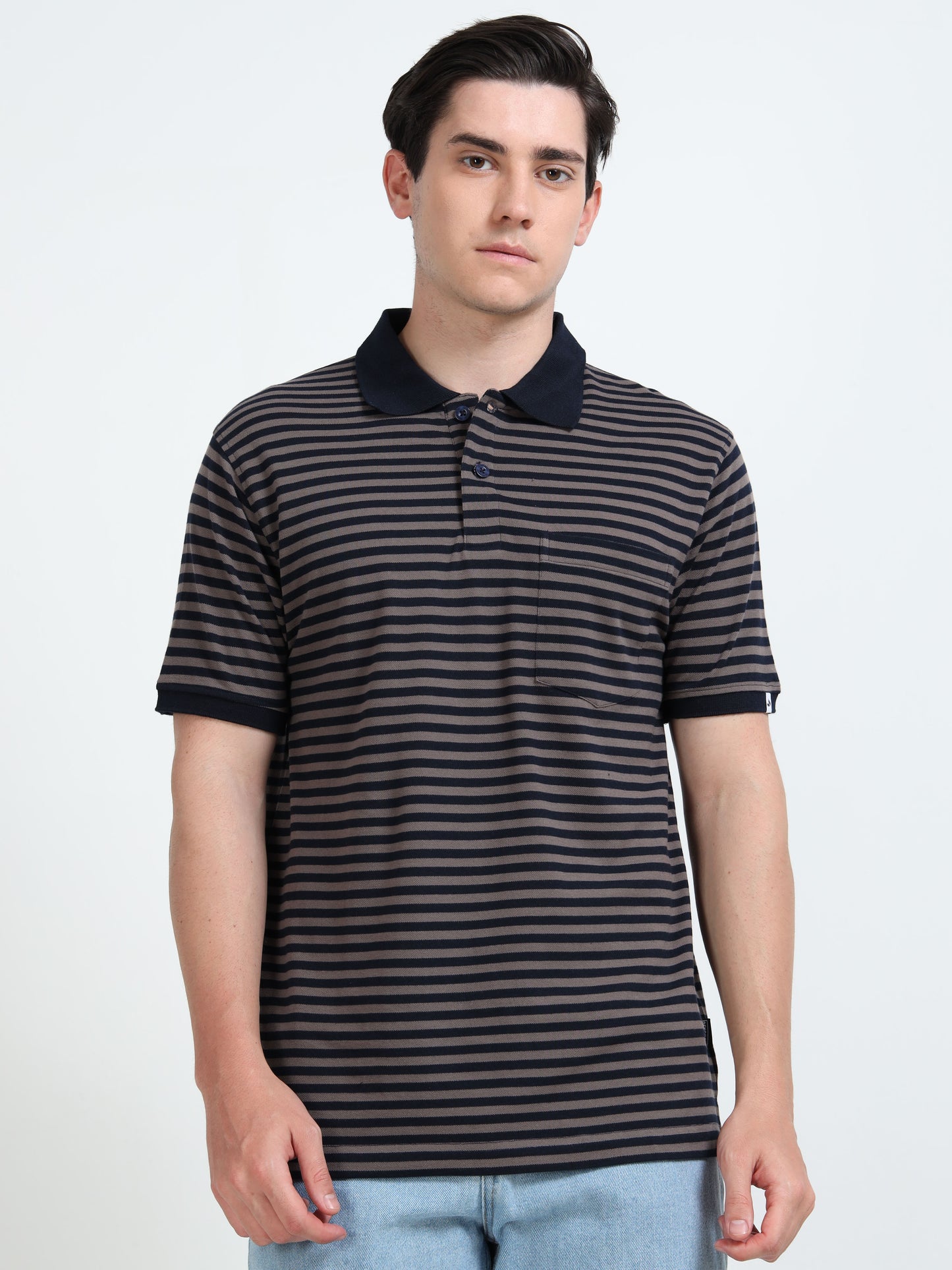Men's Black Striped Brown Polo T-Shirt