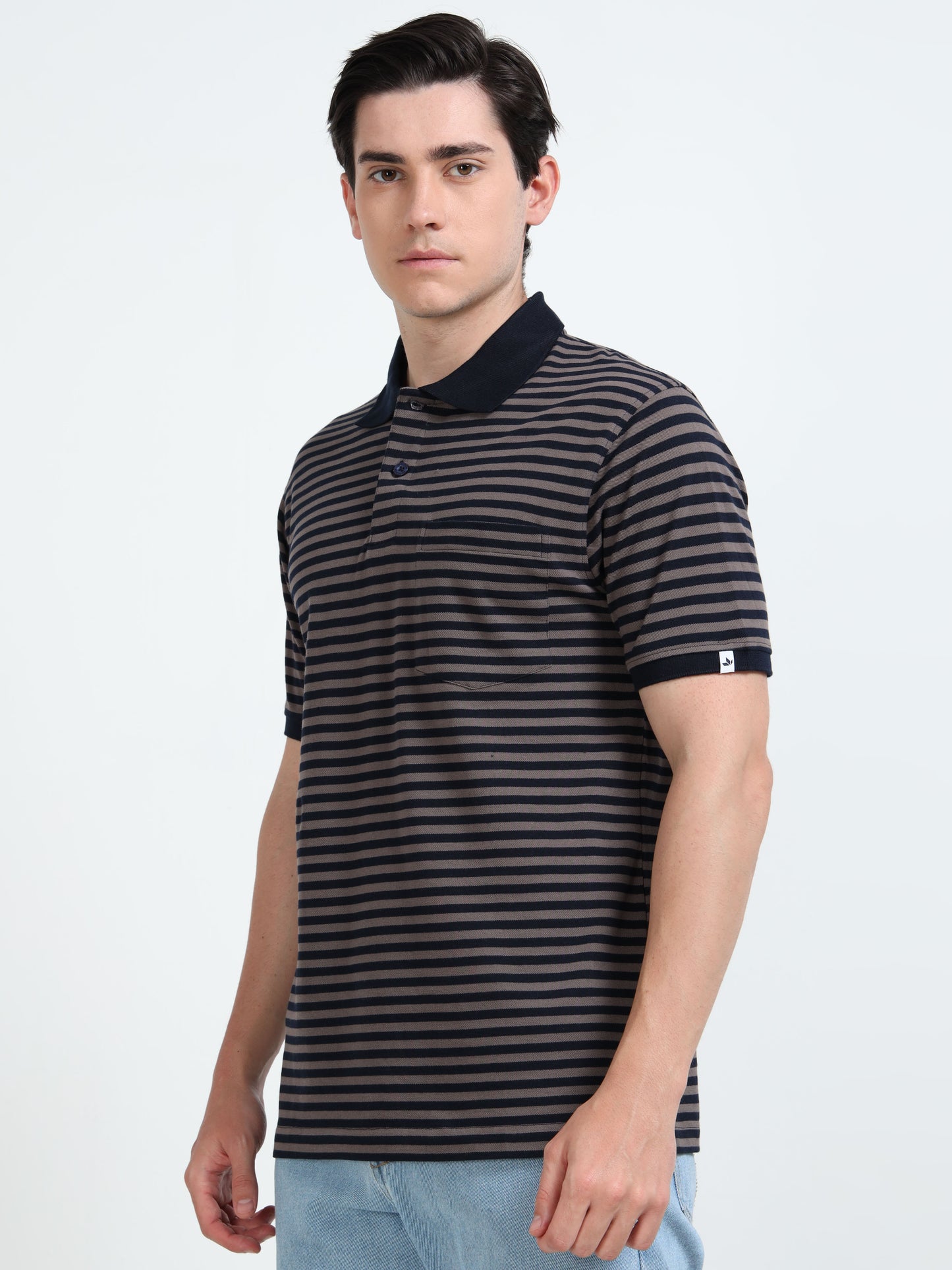 Men's Black Striped Brown Polo T-Shirt