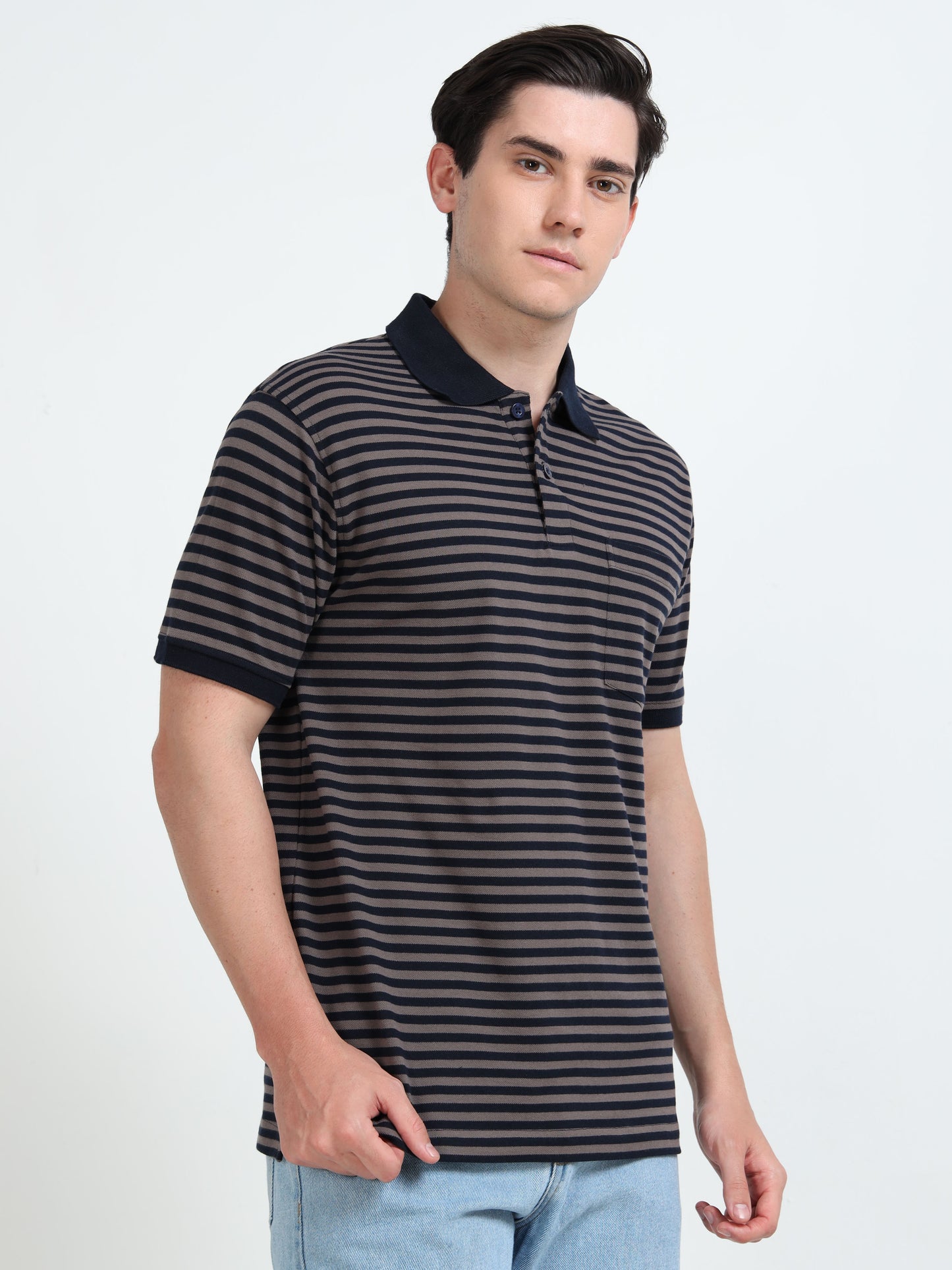 Men's Black Striped Brown Polo T-Shirt