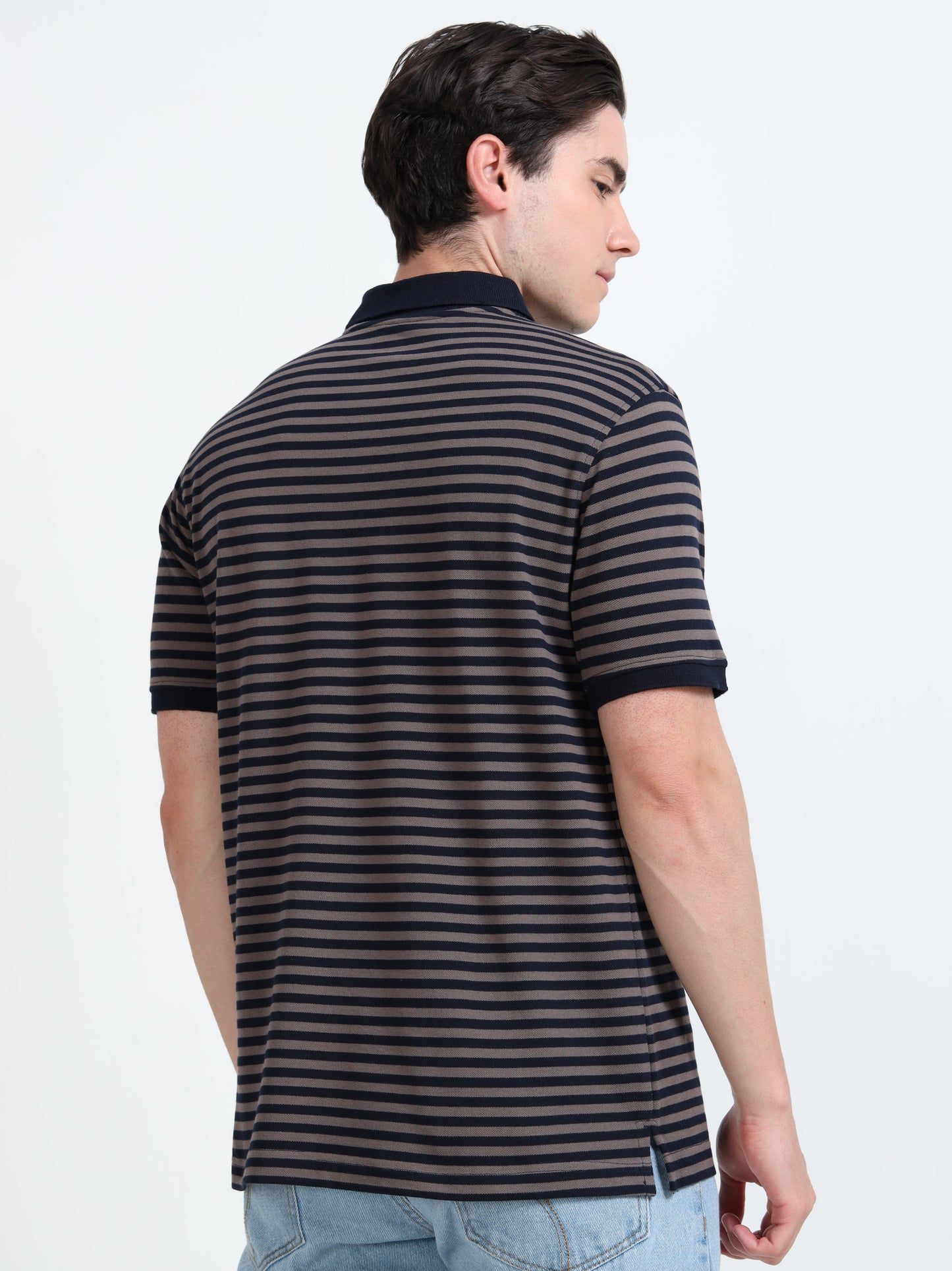 Men's Black Striped Brown Polo T-Shirt