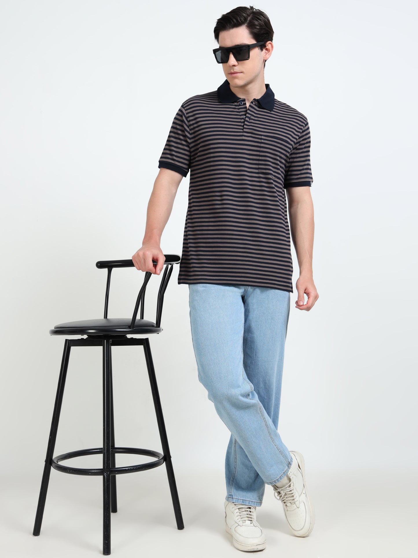 Men's Black Striped Brown Polo T-Shirt