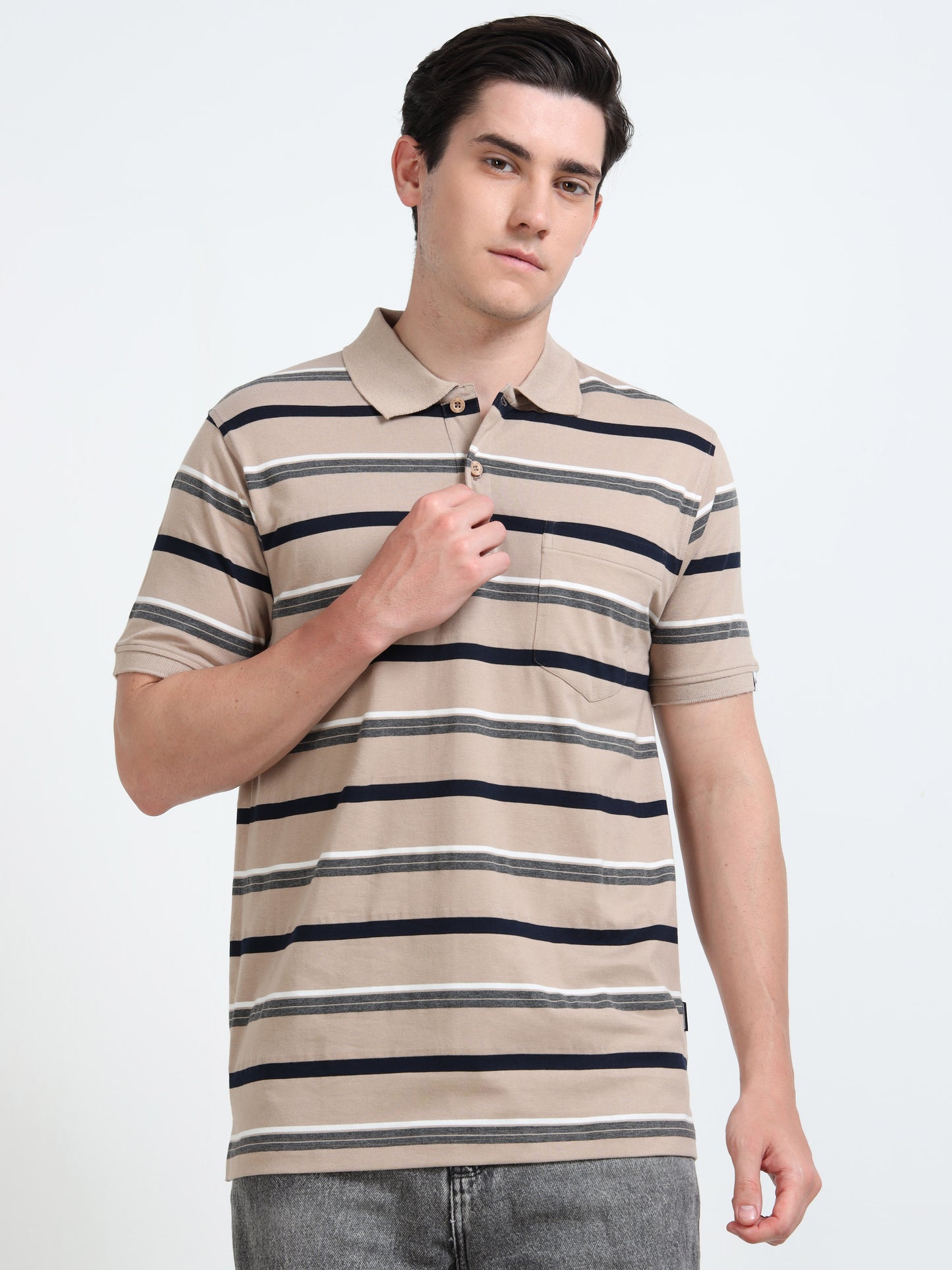 Men's White and Black Striped Beige Polo T-Shirt