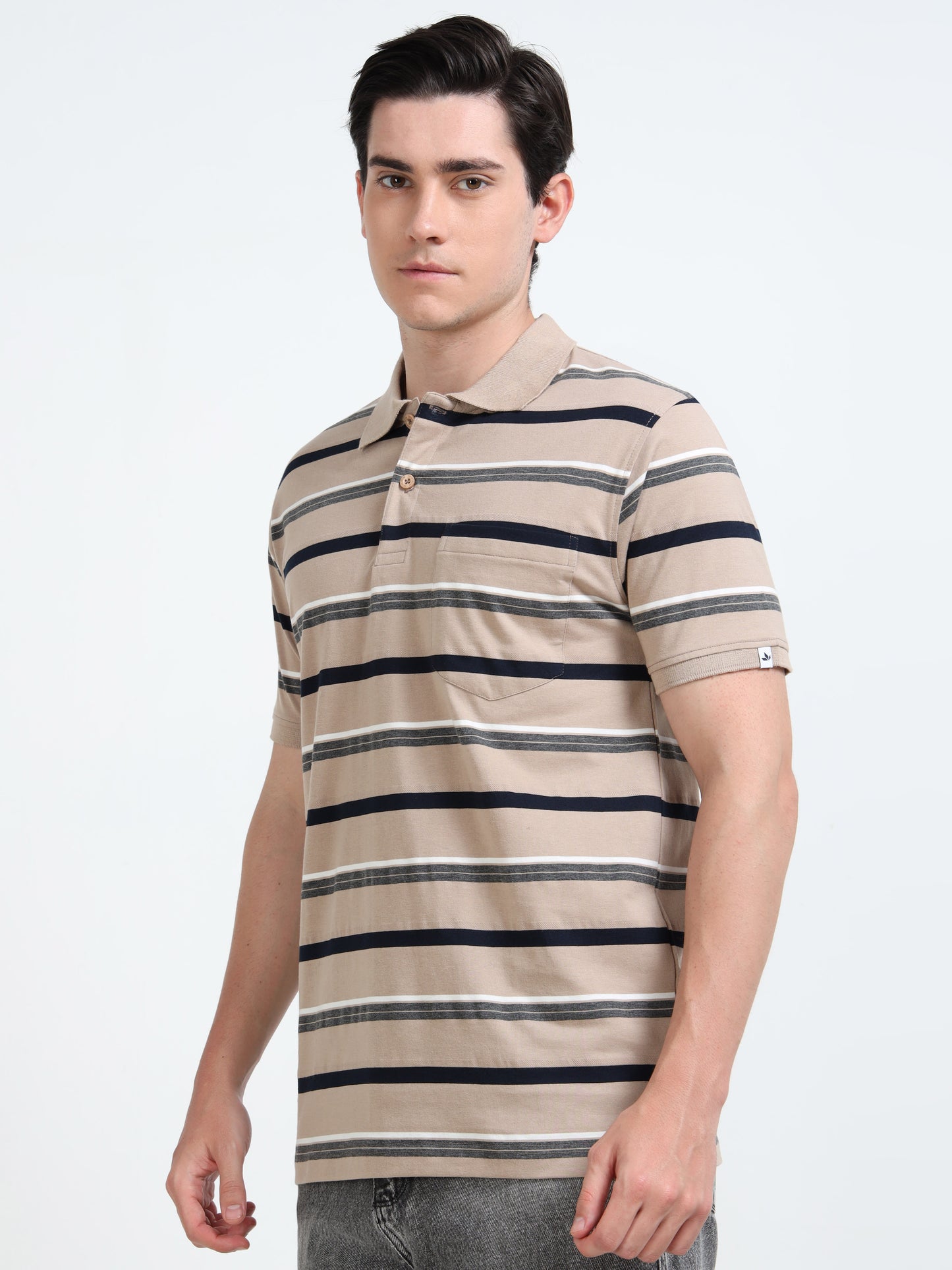 Men's White and Black Striped Beige Polo T-Shirt