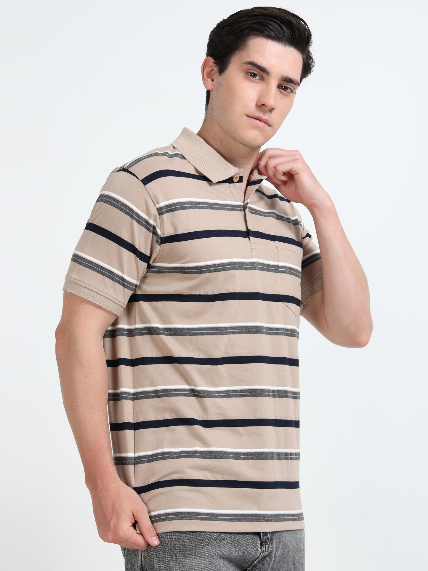 Men's White and Black Striped Beige Polo T-Shirt