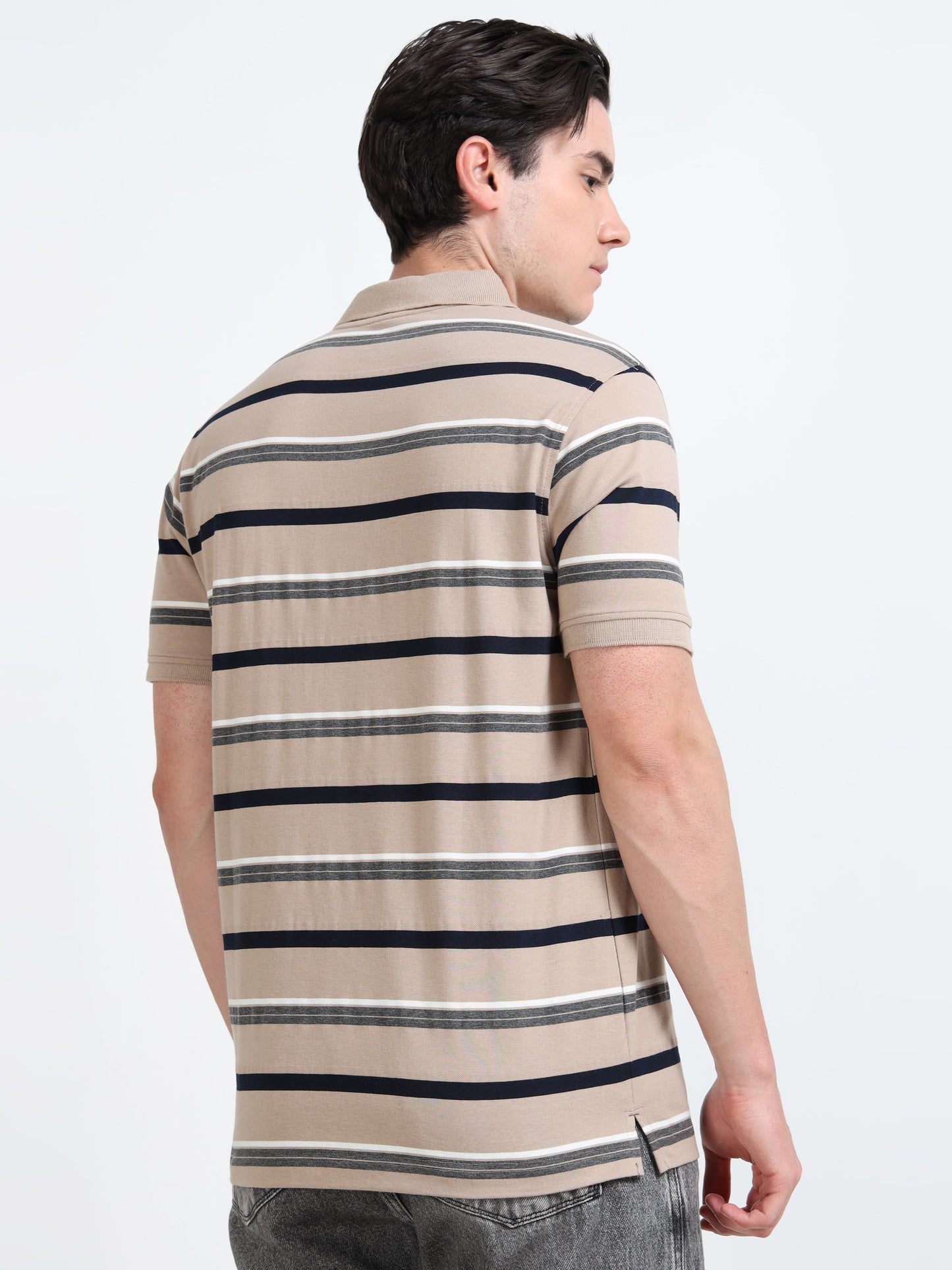 Men's White and Black Striped Beige Polo T-Shirt