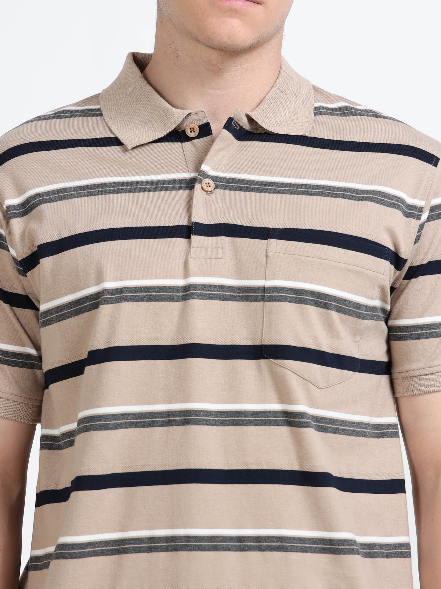 Men's White and Black Striped Beige Polo T-Shirt