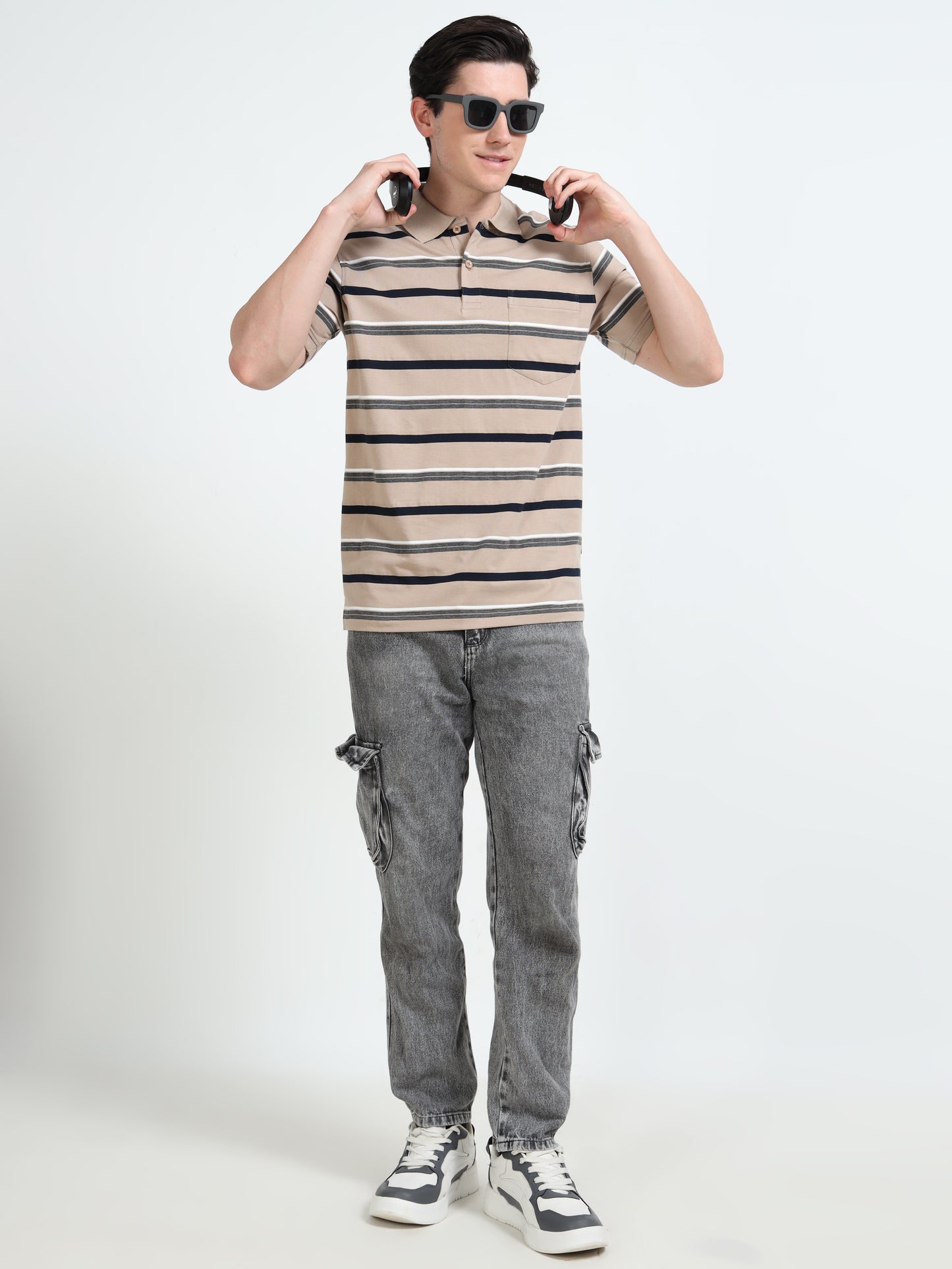 Men's White and Black Striped Beige Polo T-Shirt