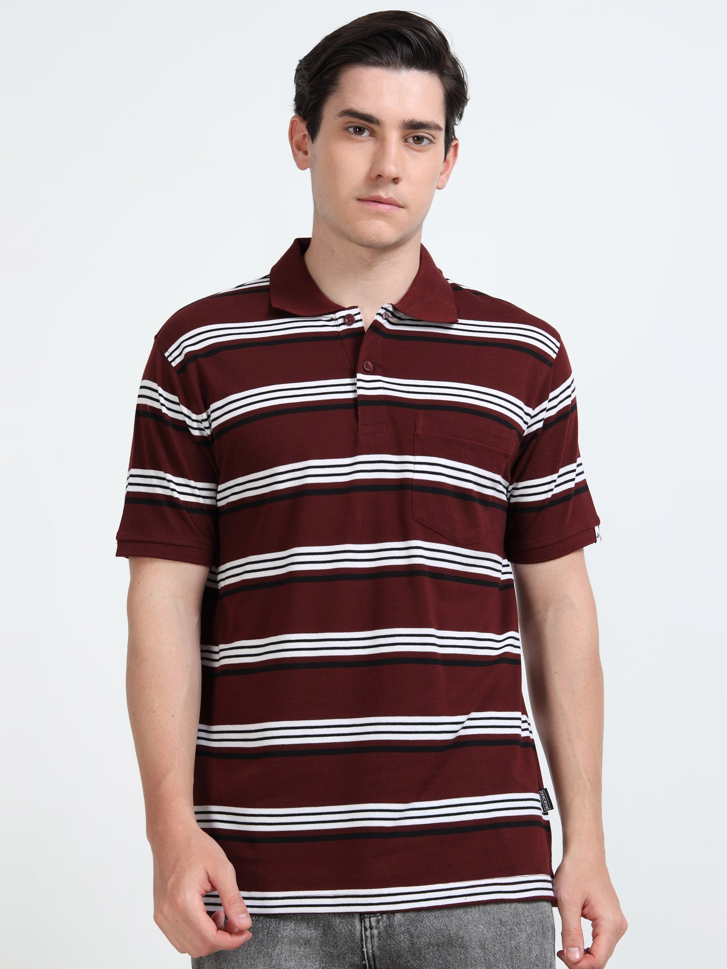 Men's White and Black Striped Maroon Polo T-Shirt