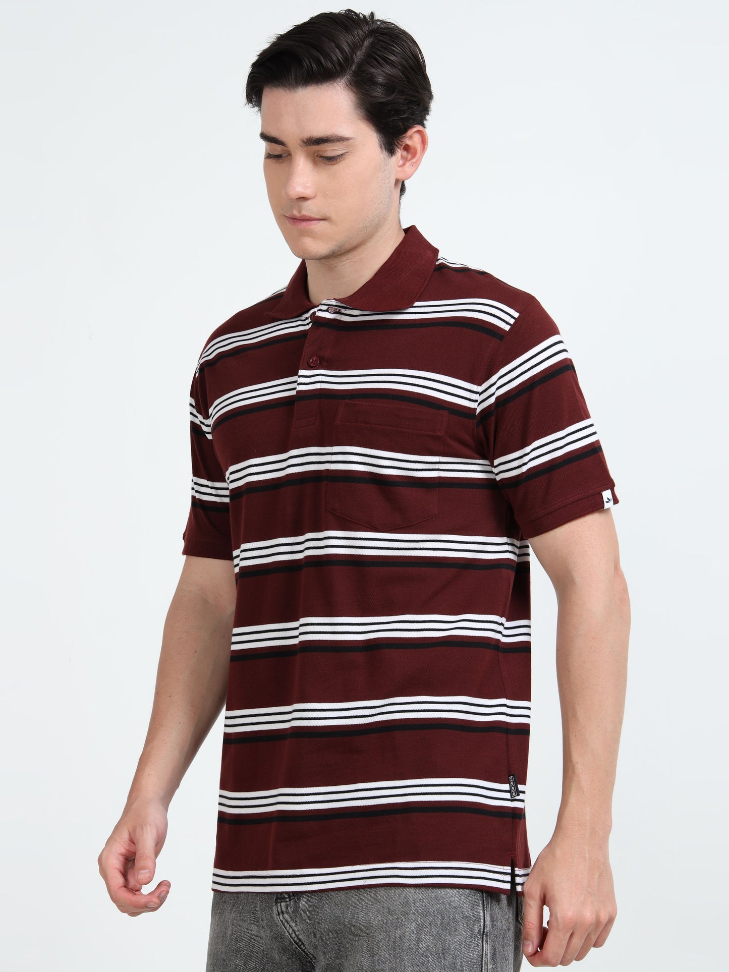 Men's White and Black Striped Maroon Polo T-Shirt