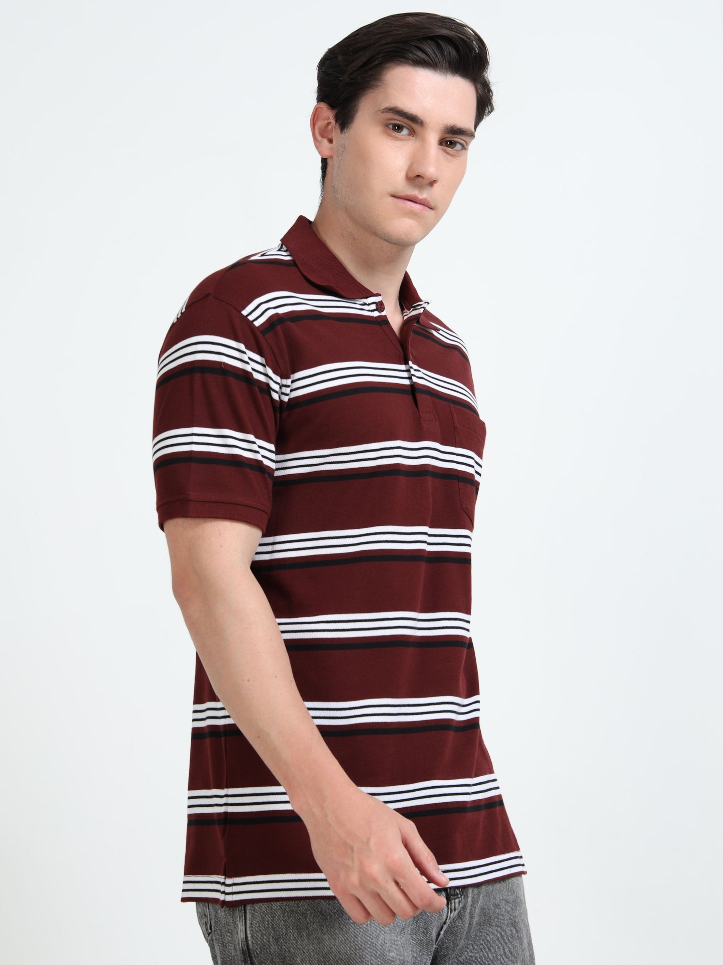 Men's White and Black Striped Maroon Polo T-Shirt