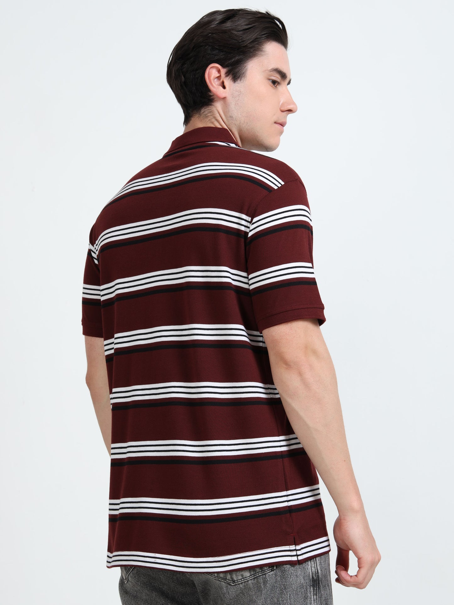 Men's White and Black Striped Maroon Polo T-Shirt