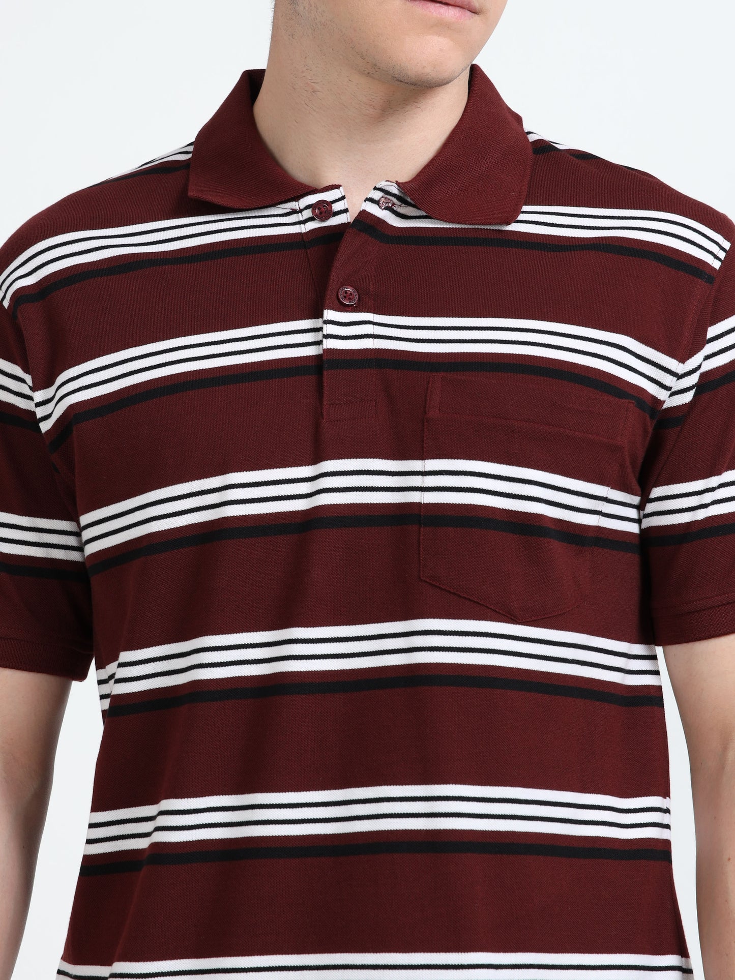 Men's White and Black Striped Maroon Polo T-Shirt