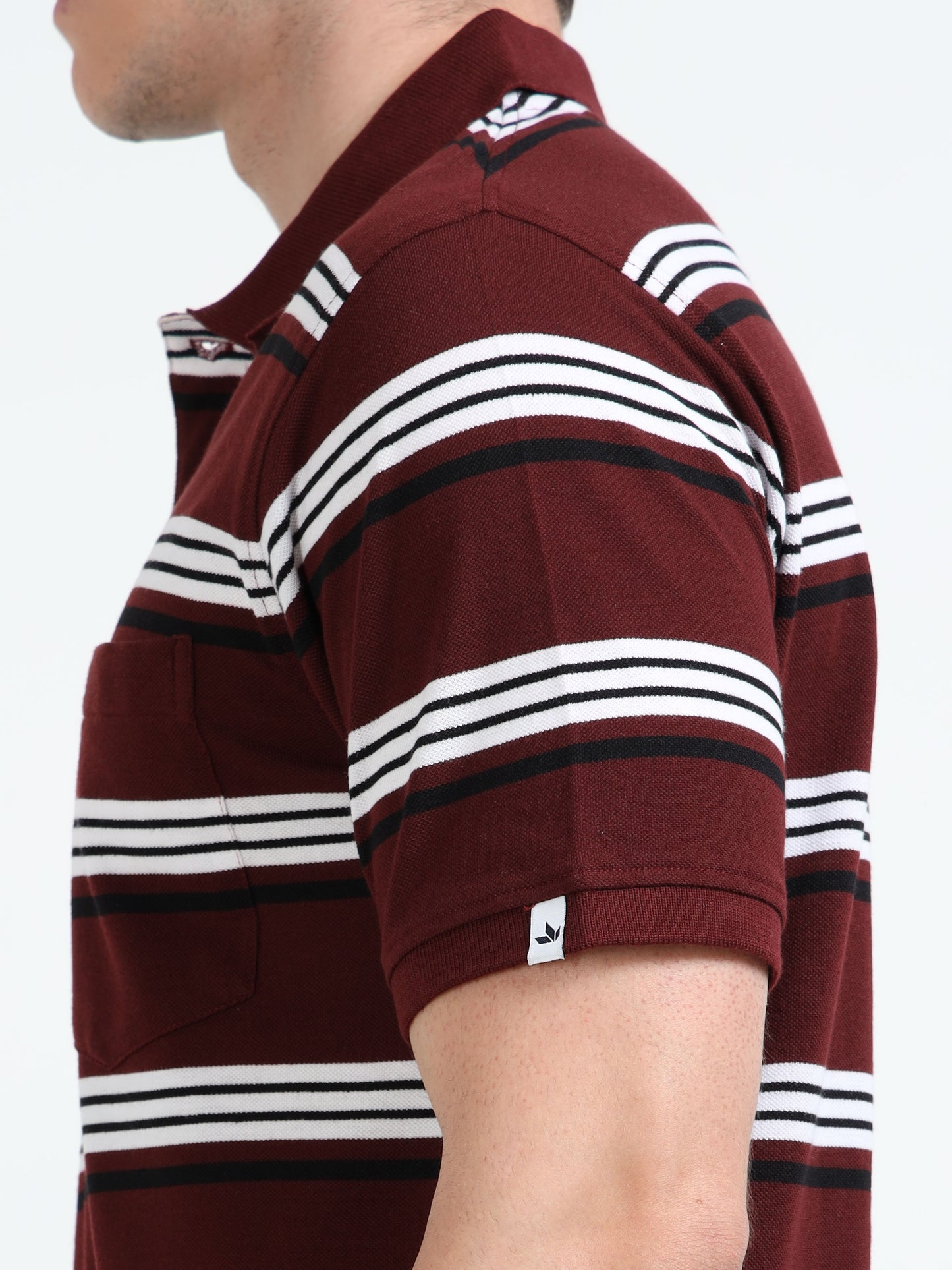Men's White and Black Striped Maroon Polo T-Shirt