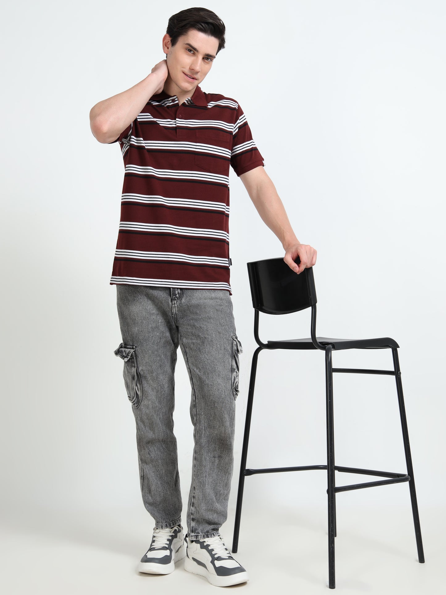 Men's White and Black Striped Maroon Polo T-Shirt