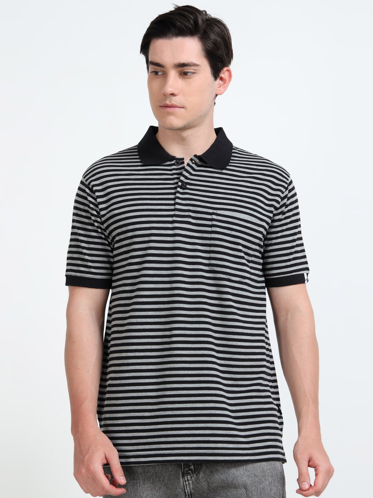 Men's Black Striped grey Polo T-Shirt