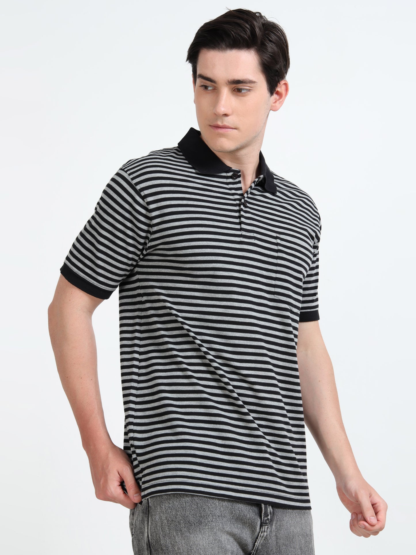 Men's Black Striped grey Polo T-Shirt