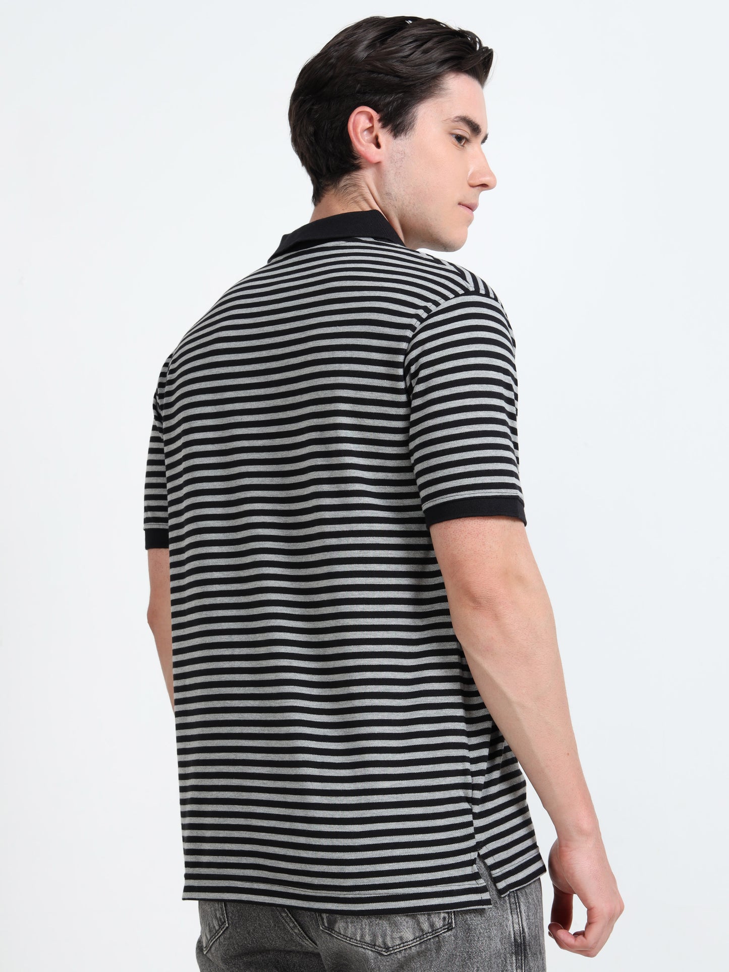 Men's Black Striped grey Polo T-Shirt