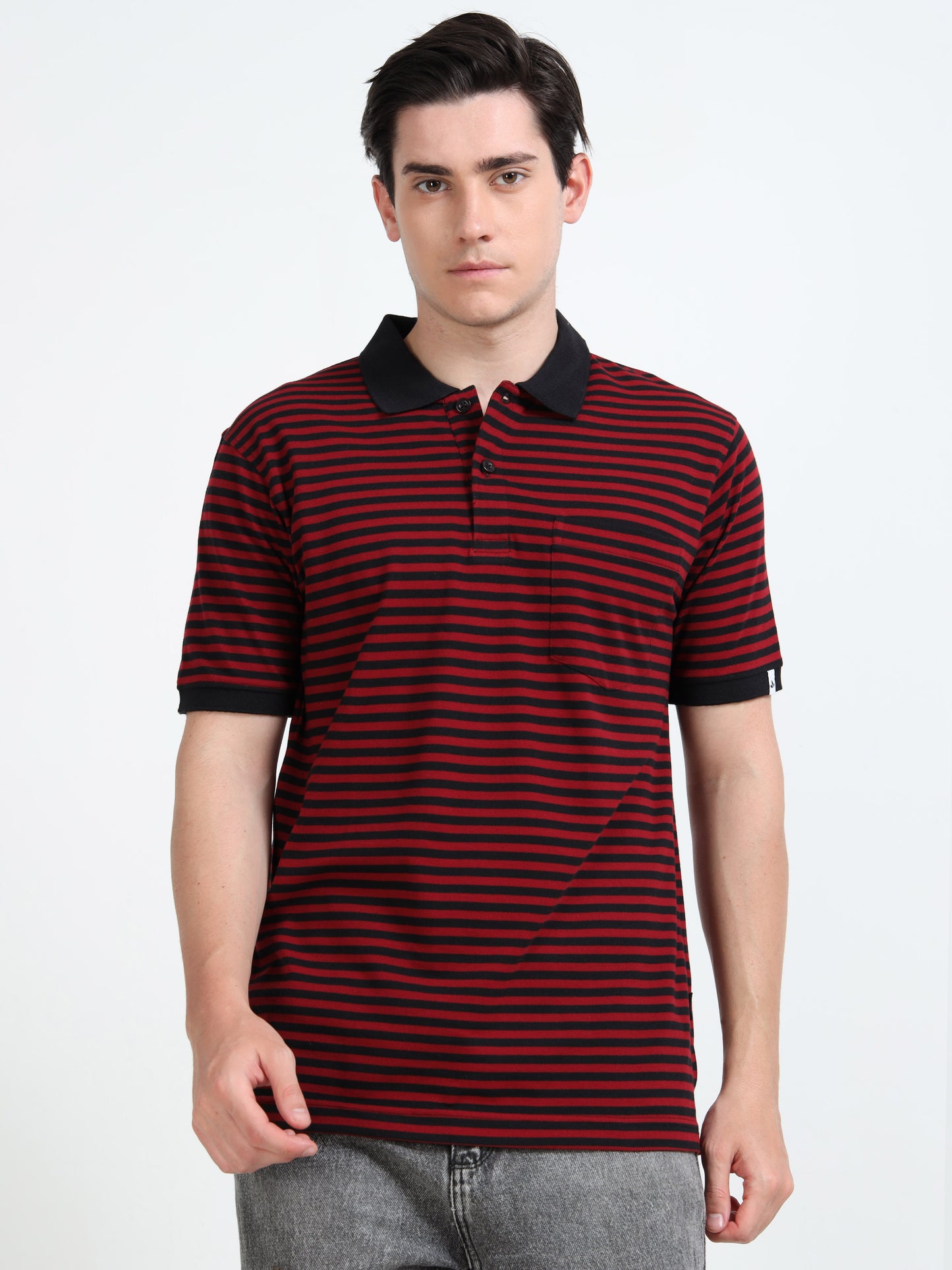 Men's Black Striped Red Polo T-Shirt