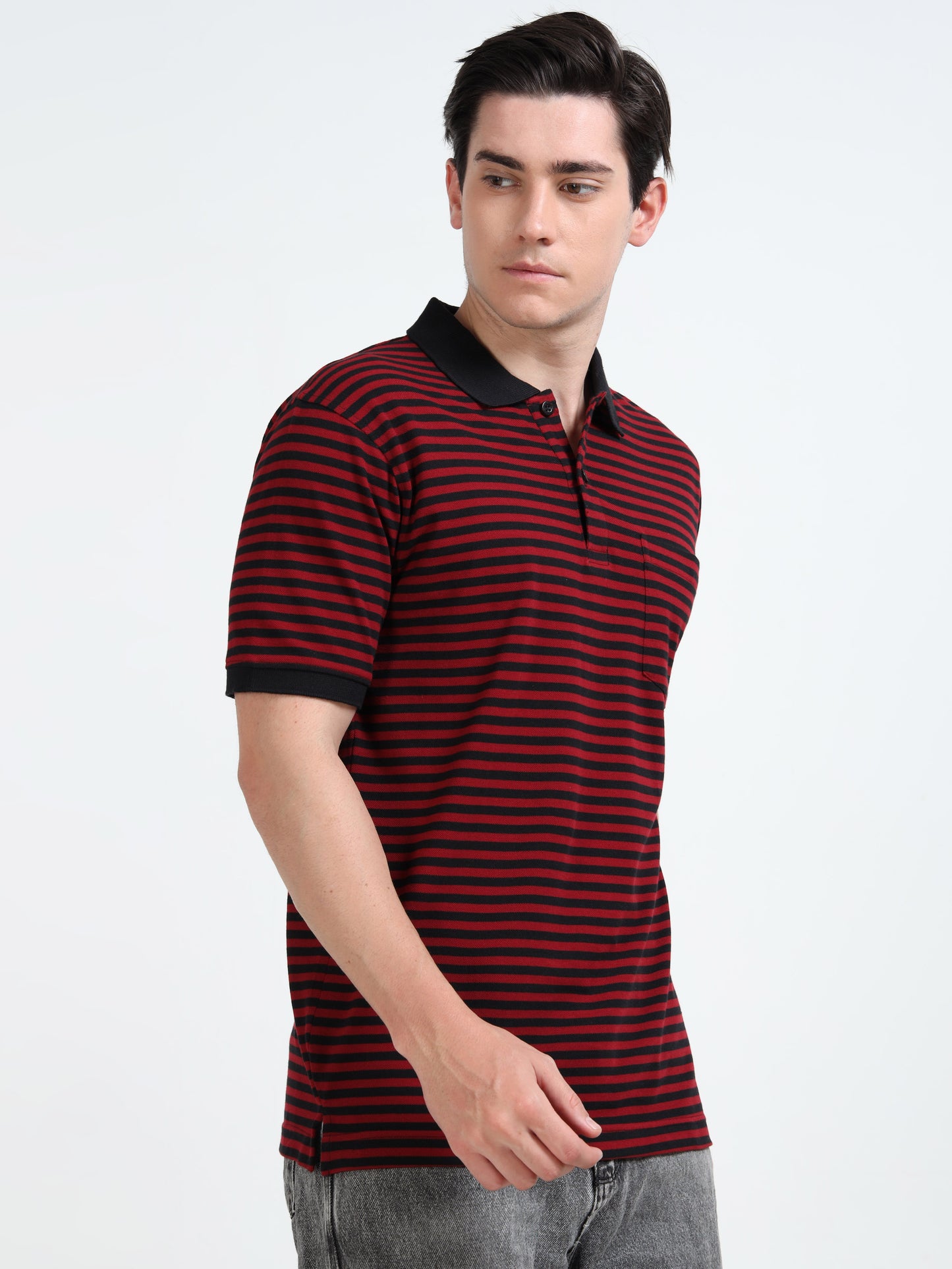Men's Black Striped Red Polo T-Shirt