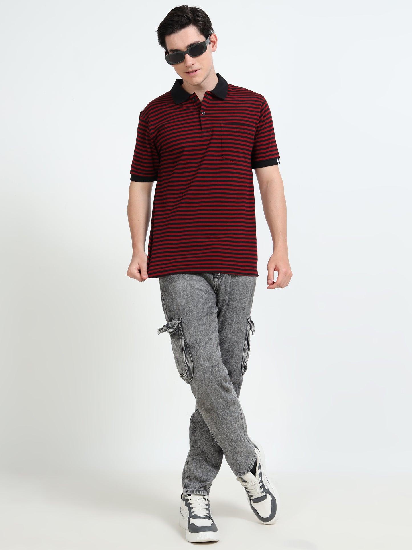 Men's Black Striped Red Polo T-Shirt