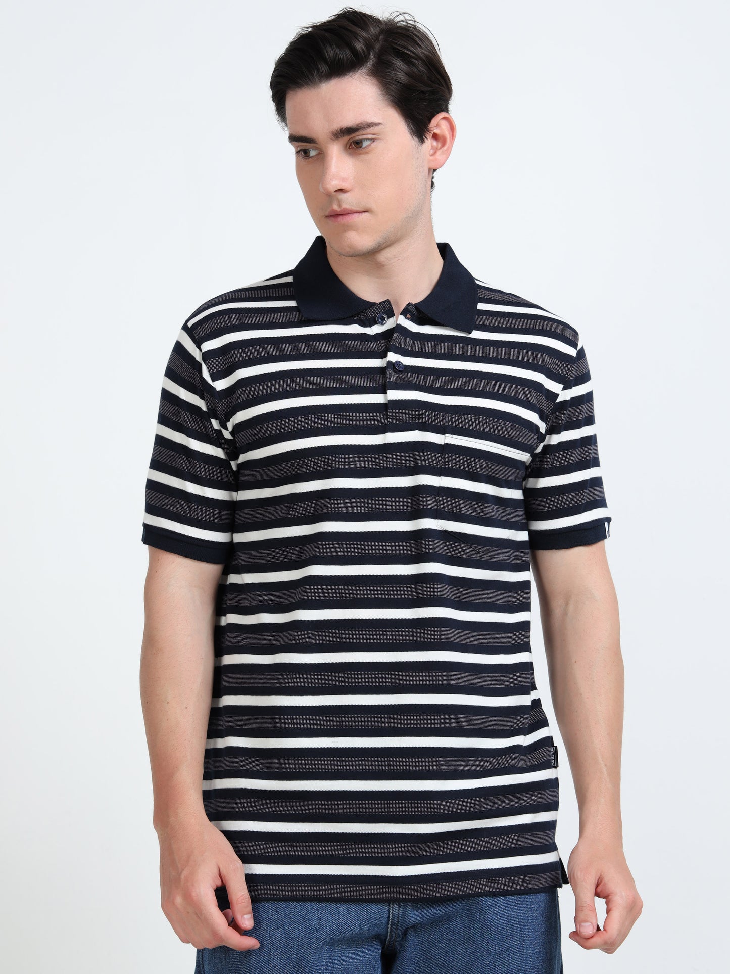 Men's White and Blue Striped Grey Polo T-Shirt