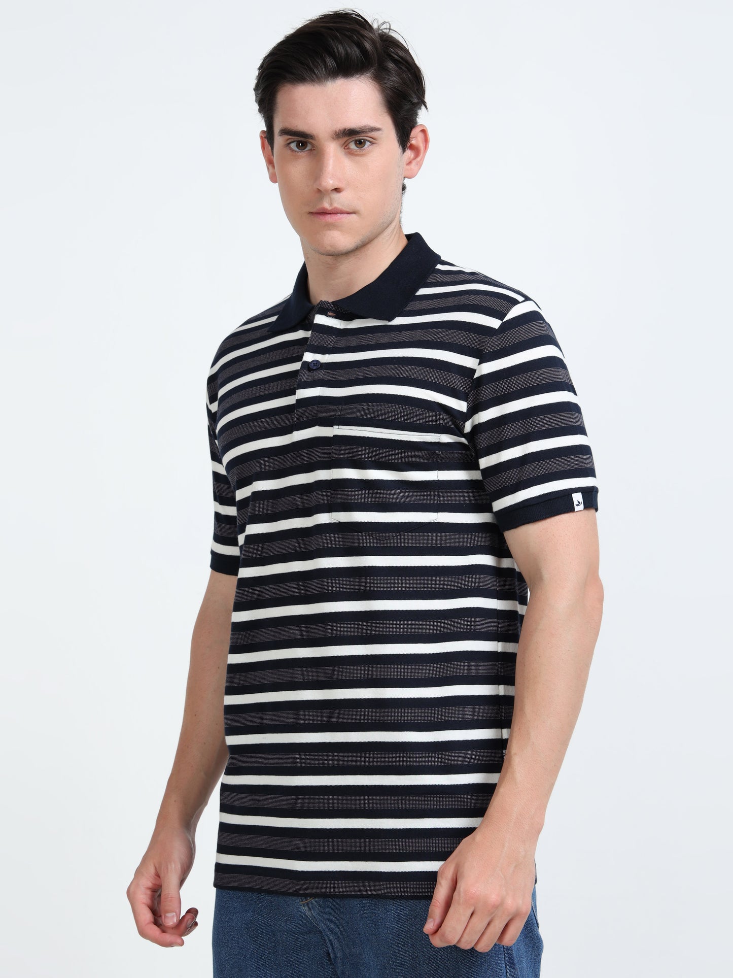 Men's White and Blue Striped Grey Polo T-Shirt
