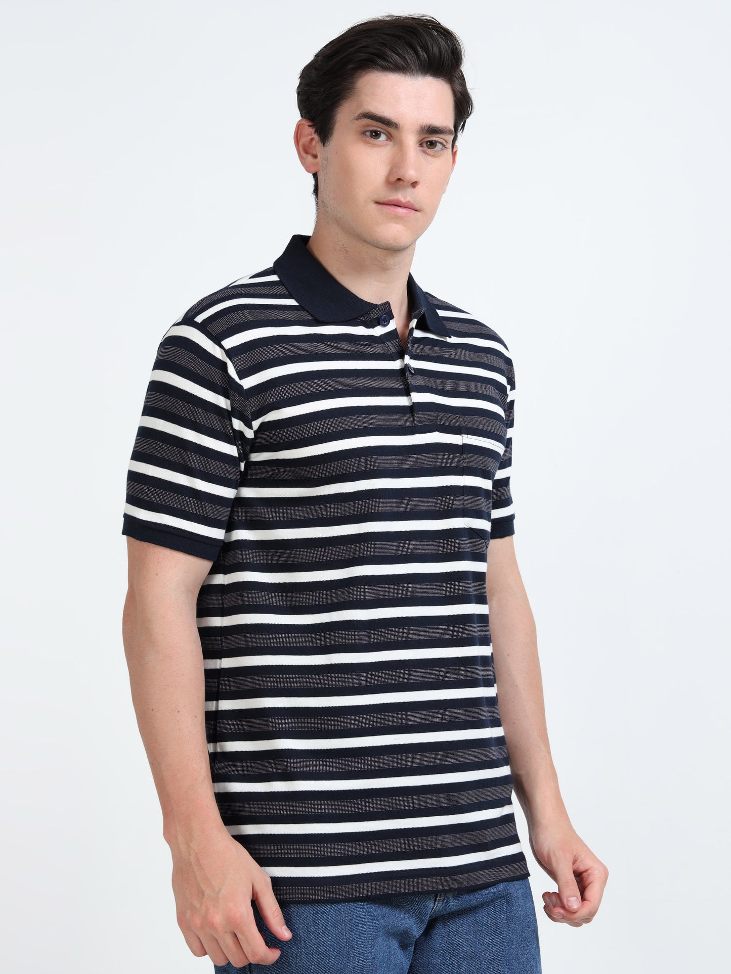Men's White and Blue Striped Grey Polo T-Shirt