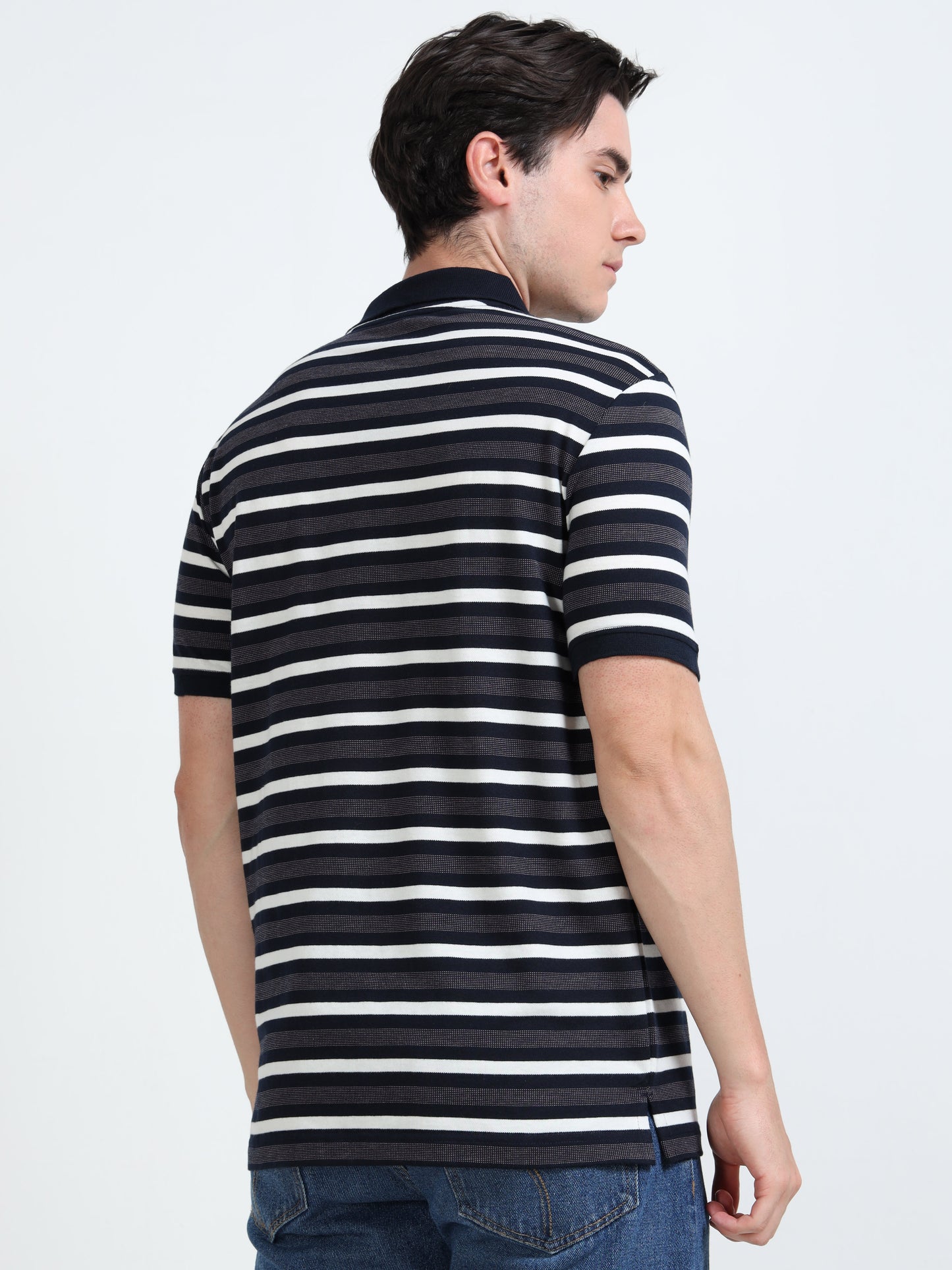 Men's White and Blue Striped Grey Polo T-Shirt