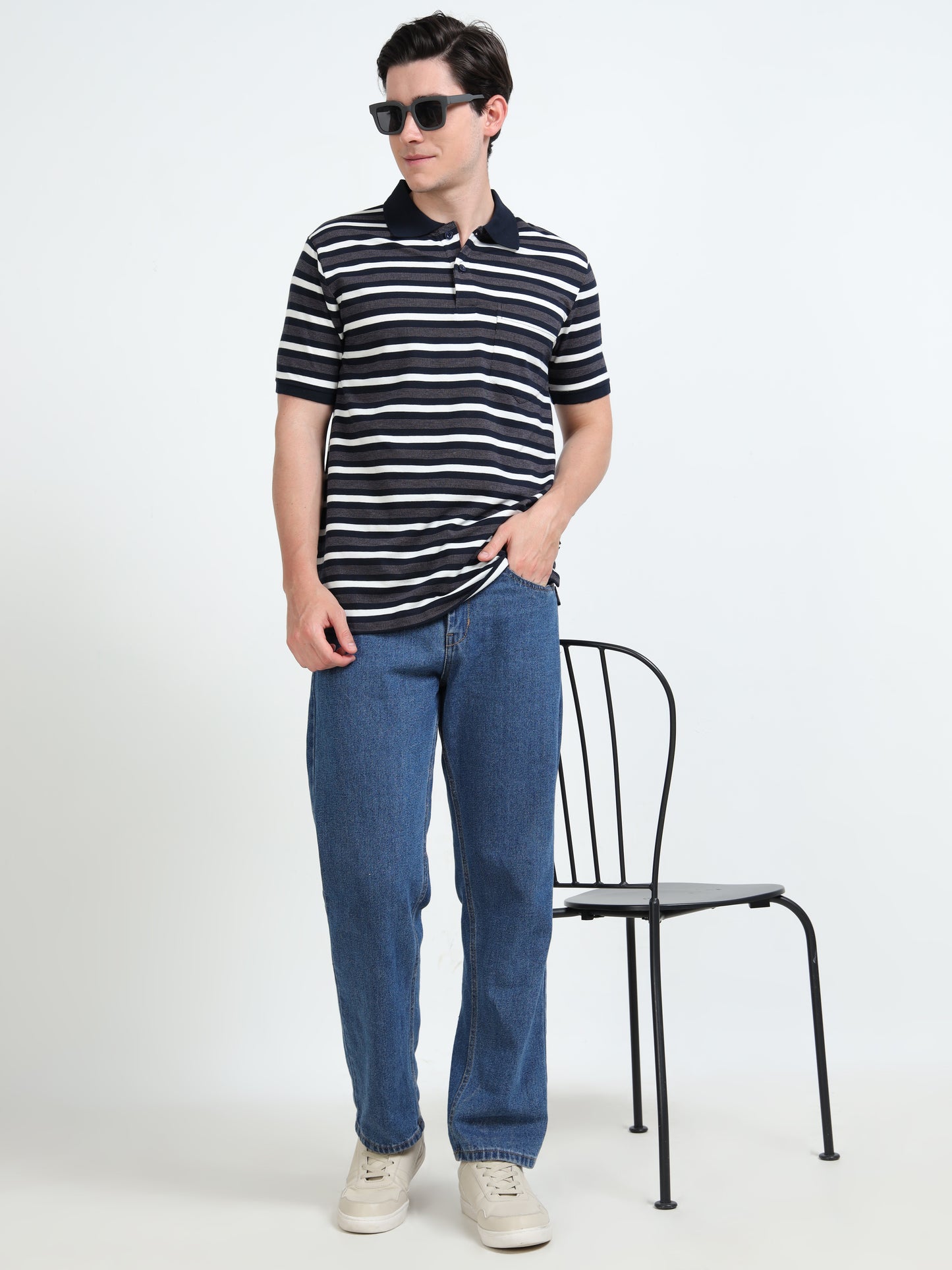 Men's White and Blue Striped Grey Polo T-Shirt