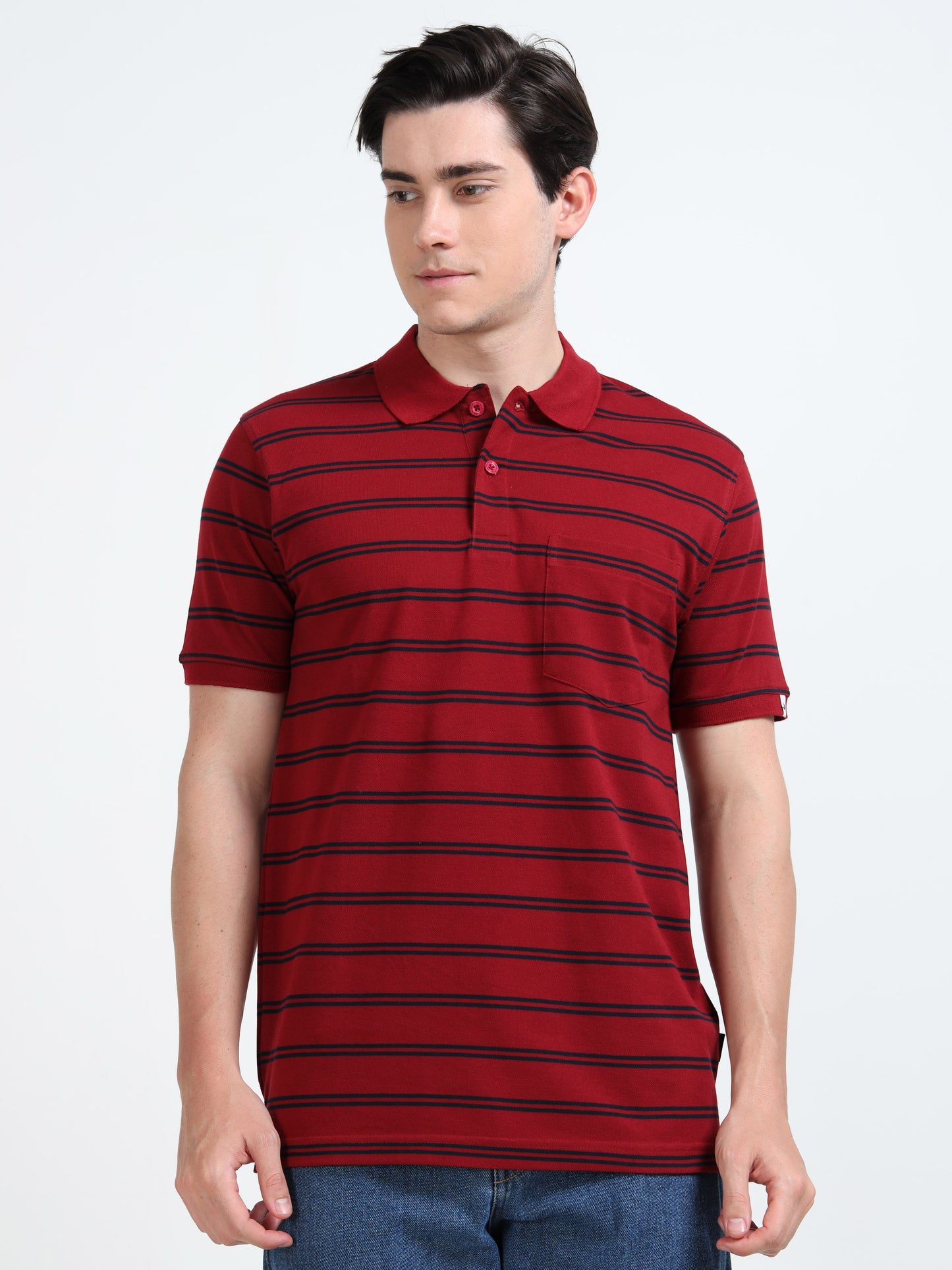 Men's Black Striped Crimson Red Polo T-Shirt