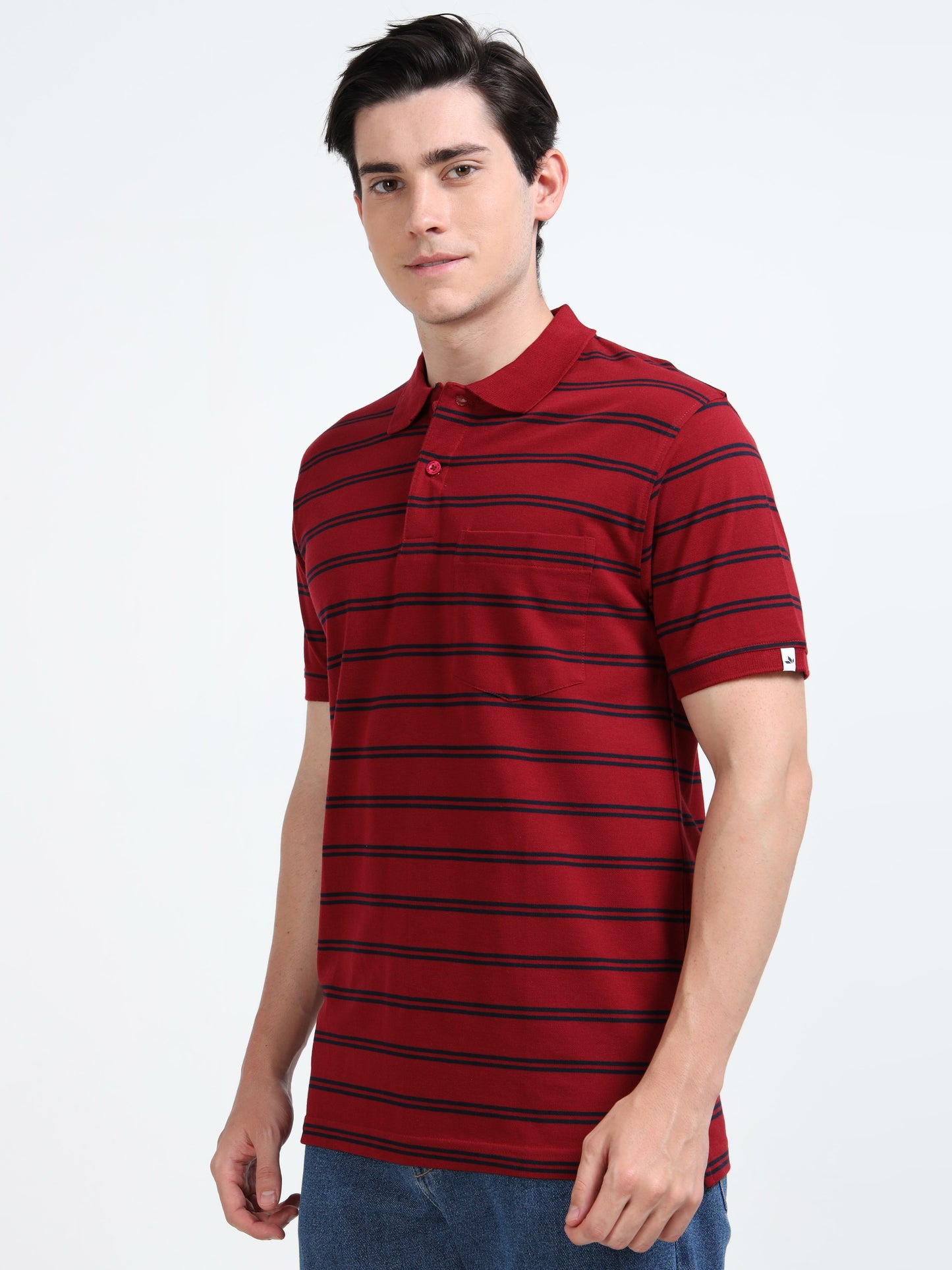 Men's Black Striped Crimson Red Polo T-Shirt