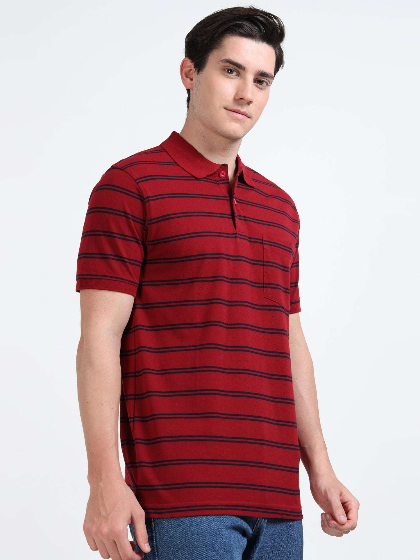 Men's Black Striped Crimson Red Polo T-Shirt